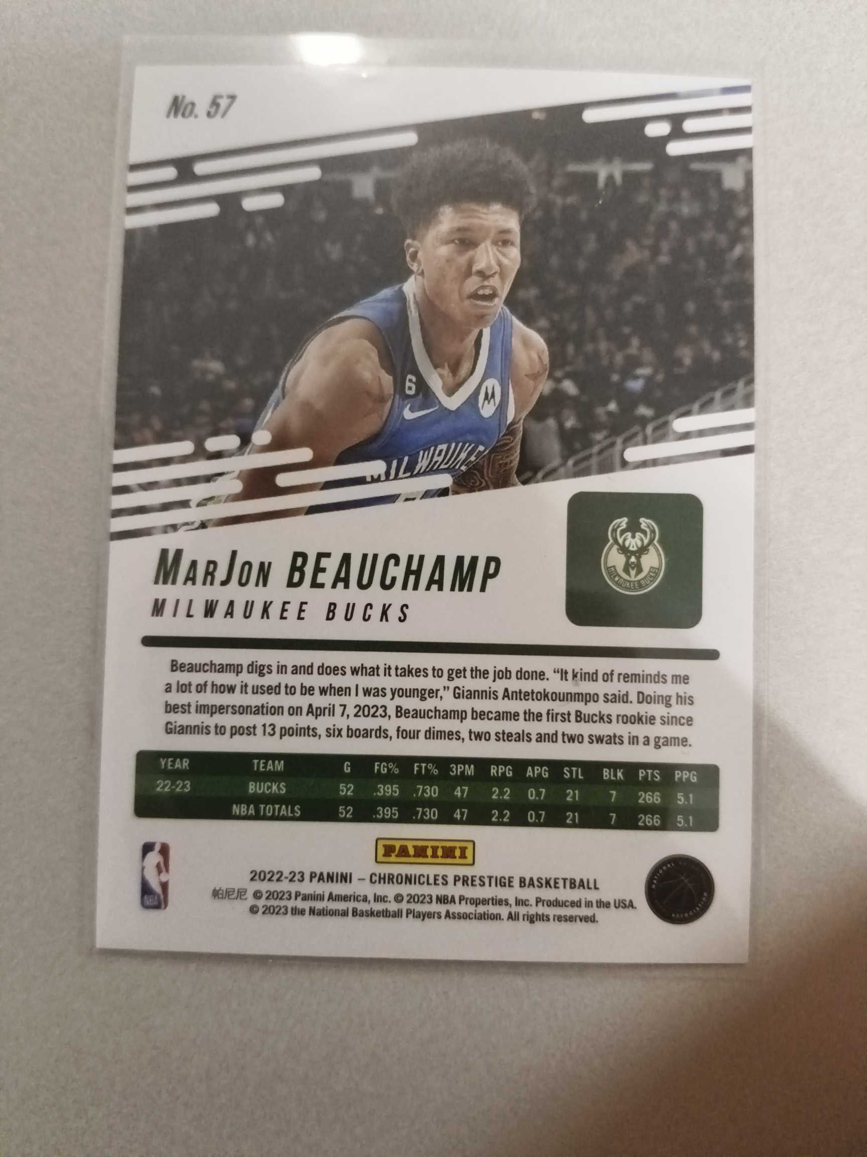 2022-23 Panini Chronicles MarJon Beauchamp RC 比彻姆 编年史 荣耀 99编 新秀rc 甄子丹