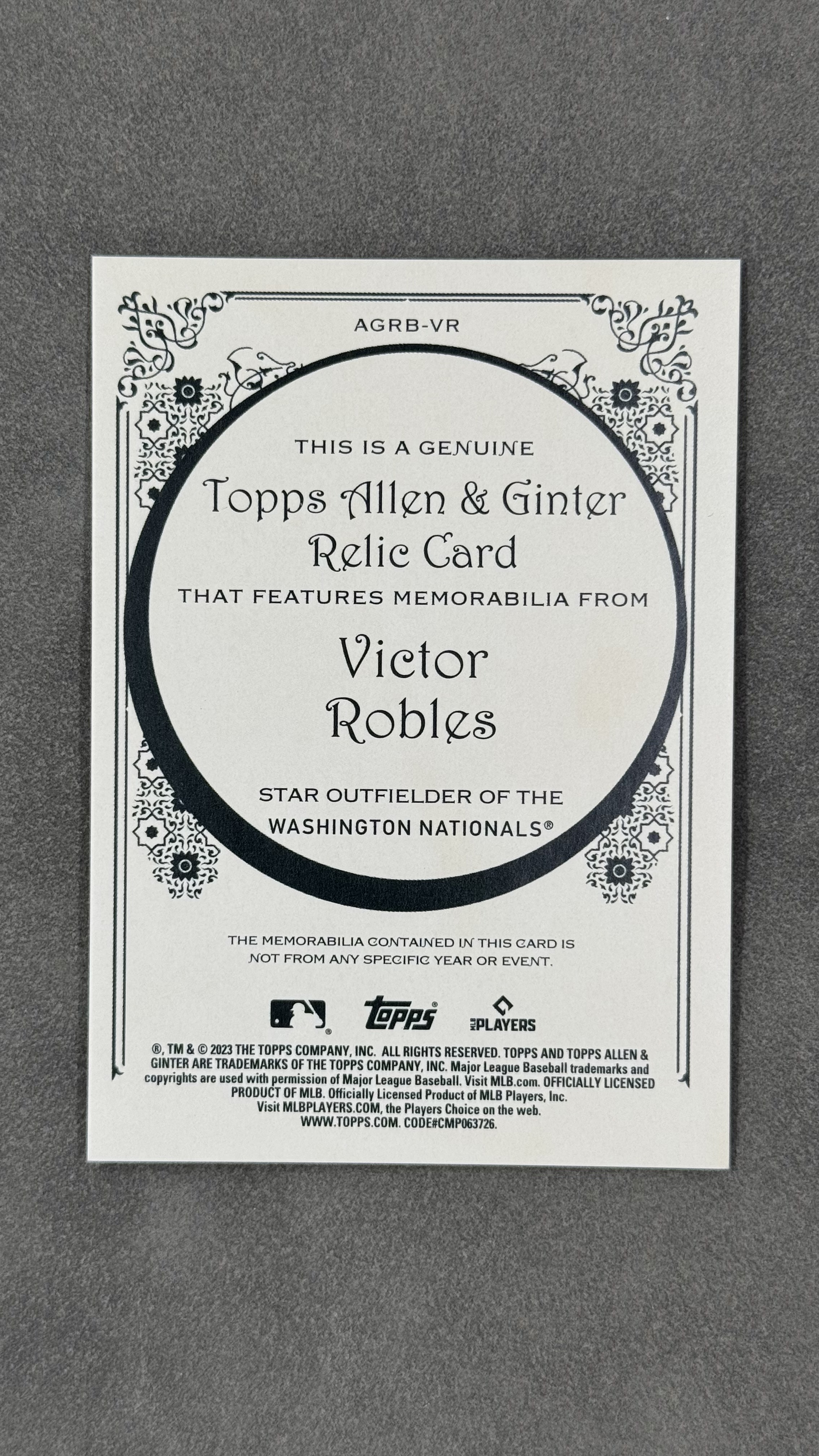2023 Topps Allen & Ginter Victor Robles 国民队 维克多・罗夫莱斯 小窗球衣切割 球衣物料 实卡好看 值得凑套收藏 #AGRB-VR