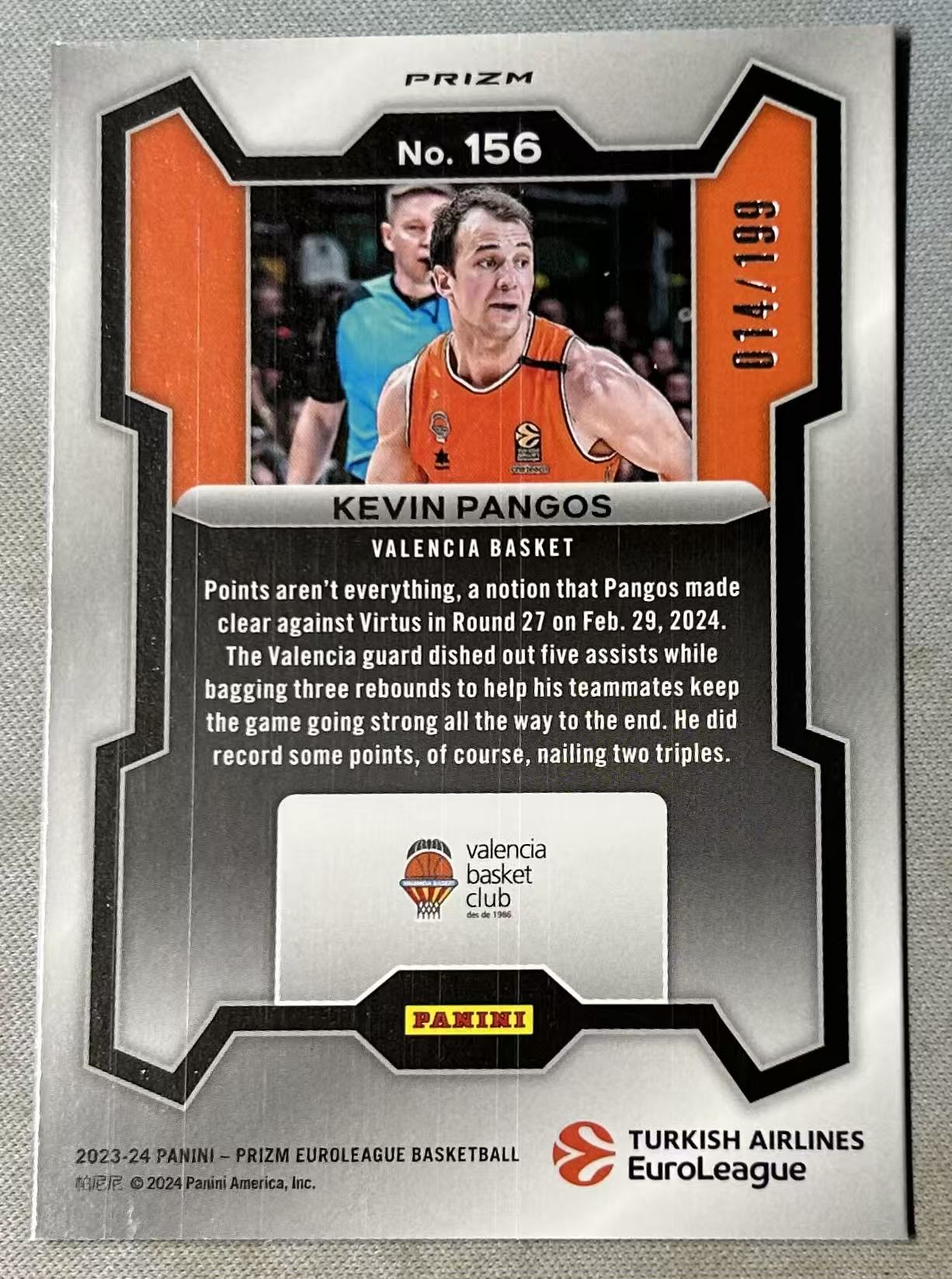 2024-25 Panini Prizm Euroleague Kevin Pangos pz 欧洲联赛 凯文 庞古斯 199编 蓝折 折射 特卡 卡品如图