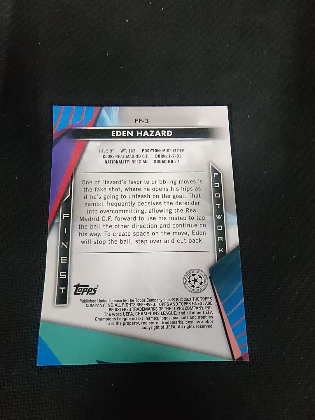 【可合并,不累计】2021 Topps Finest Eden Hazard 阿扎尔 皇马 欧冠 欧冠 银折 特卡 #3 划痕 边角瑕疵