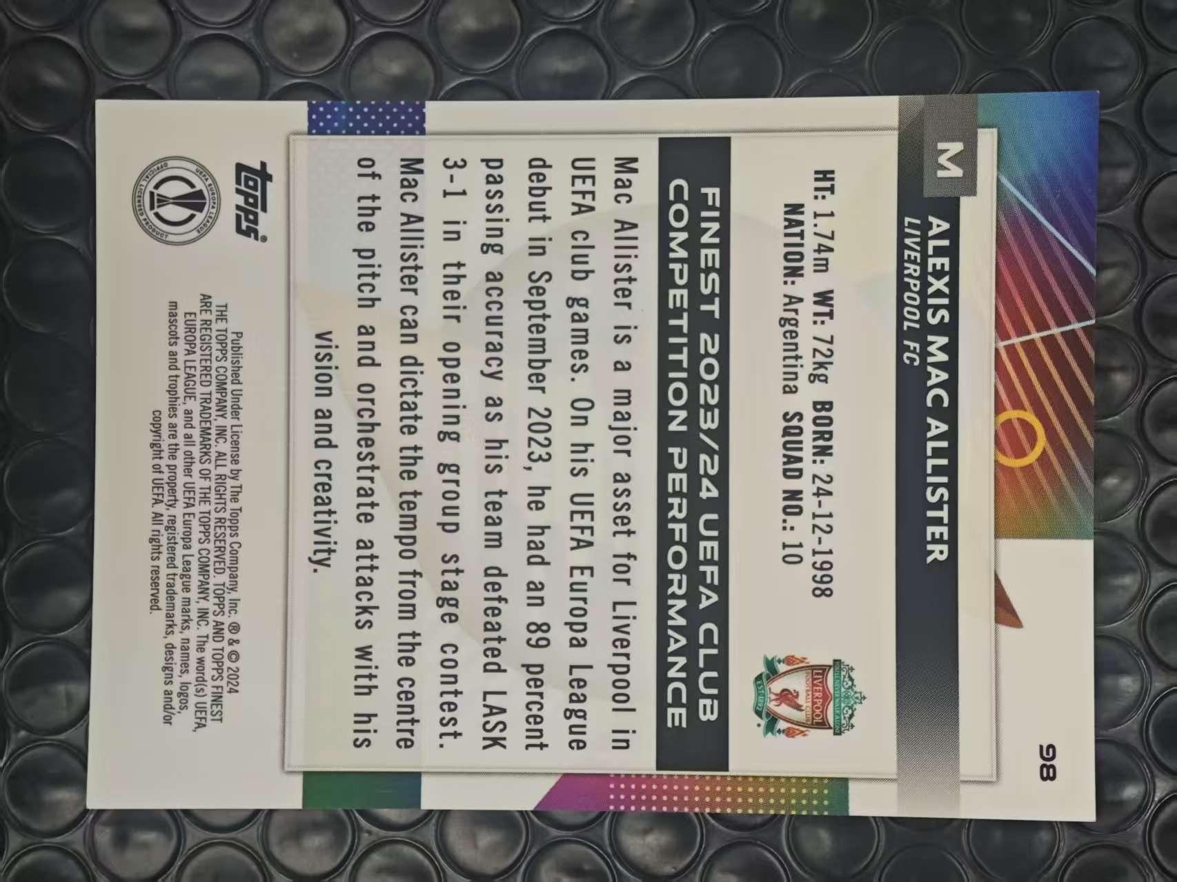 2023-24 Topps Finest Alexis Mac Allister 欧冠 利物浦 阿根廷 小麦 麦卡利斯特 117/299编 紫折 折射 卡品如图【原地起飞卡社】MVP11.6