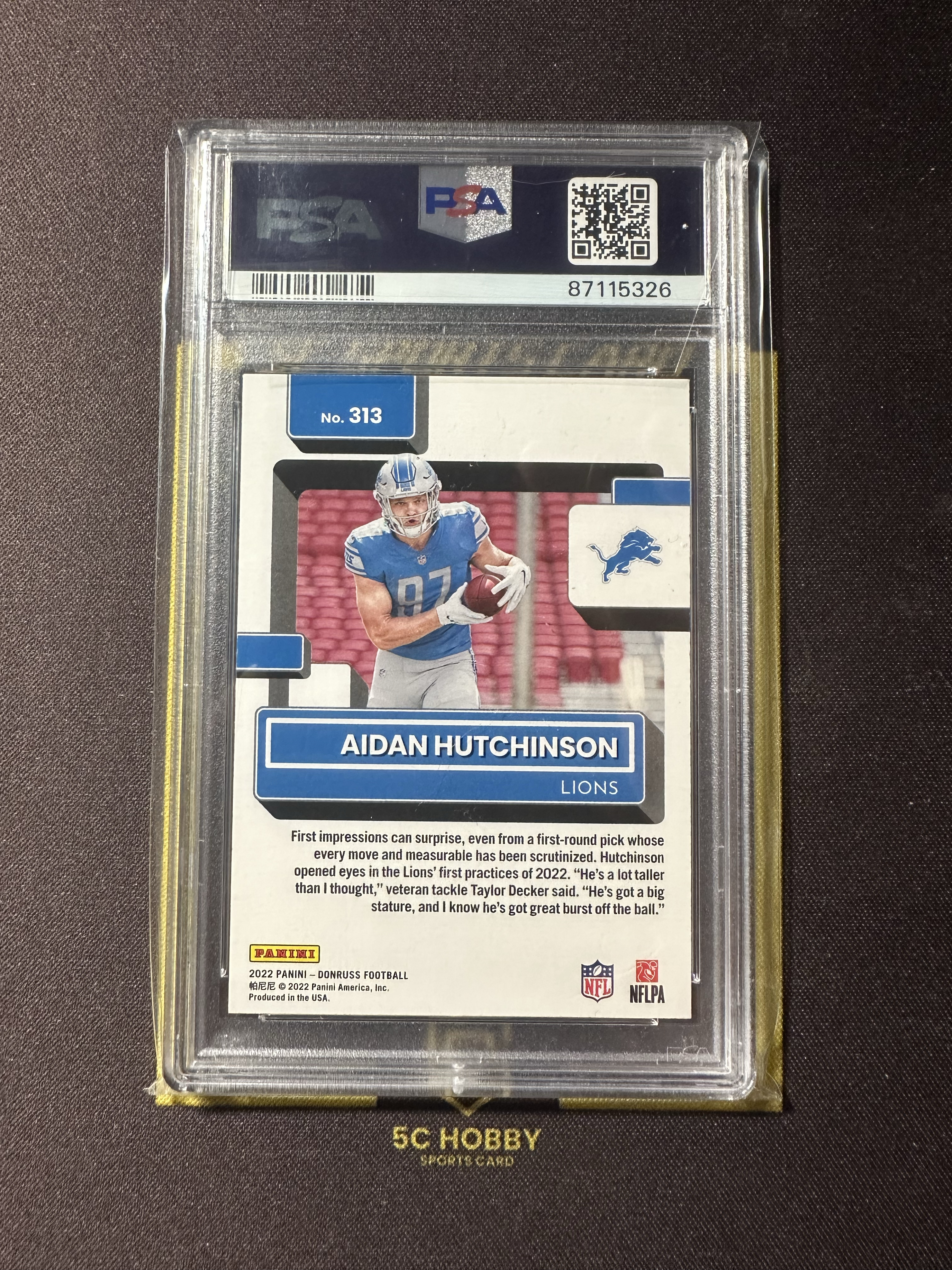 2022 Panini Donruss Aidan Hutchinson RC 【主演出卡】雄狮队 超级新秀 RC 哈钦森 PRESS PROOF BLUE #313 PSA9