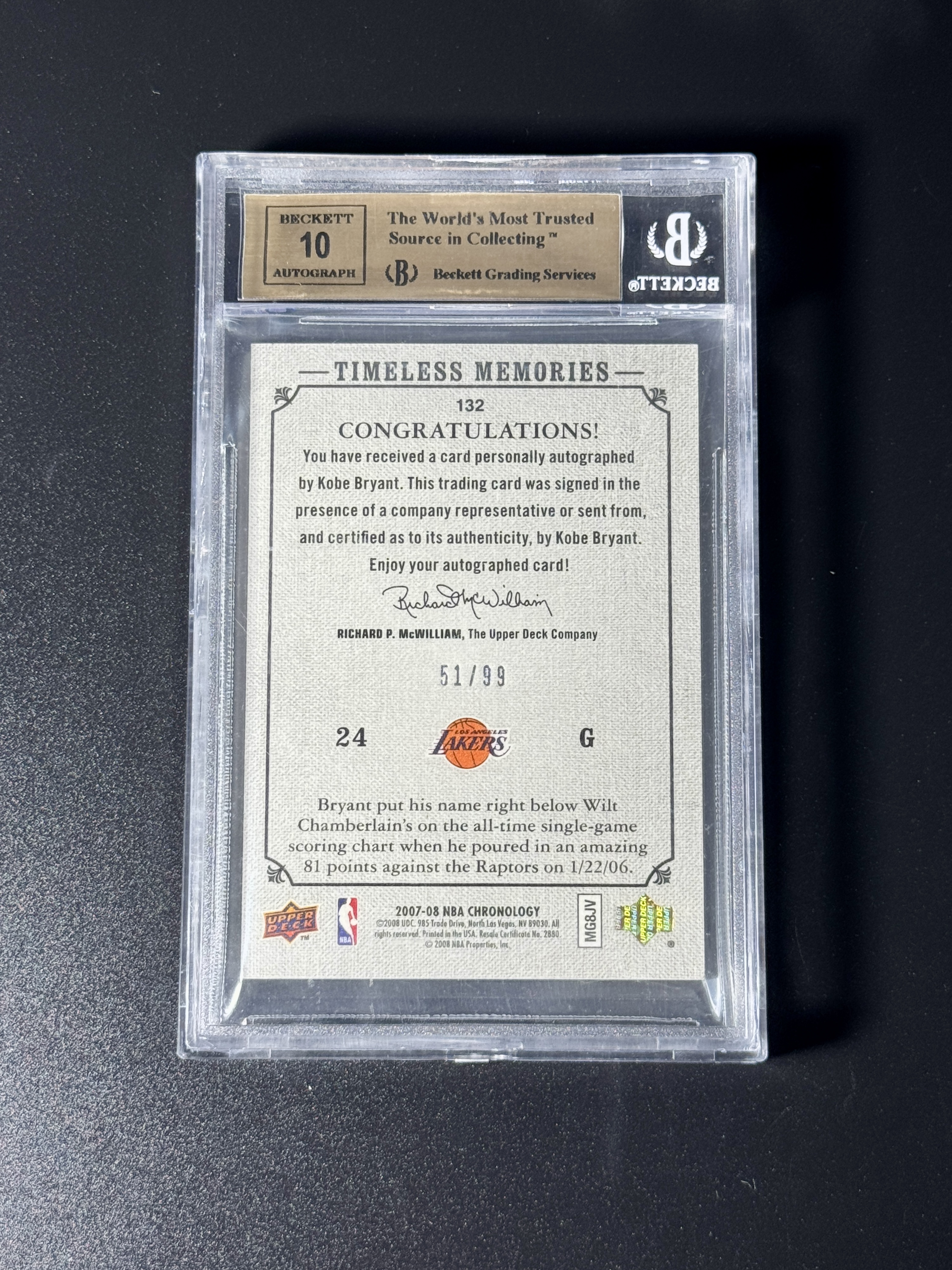 【喷子拍卖】2007-08 upper deck chronology Kobe Bryant 湖人 科比 布莱恩特 最经典81分屠龙时刻 老油画 签字 99编 银笔 卡签 大hit卡 BGS金标9.5/10 专收必备 送订制壳 JYL