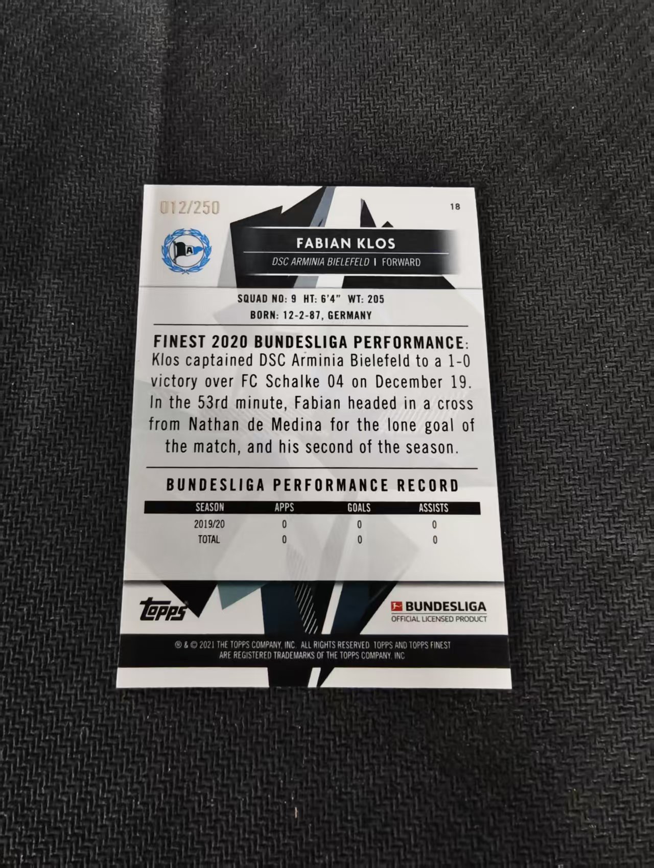 【可合并,不累计】2021 Topps Finest Fabian Klos 德甲 比勒菲尔德 法比安 克洛斯 紫折 250编 瑕疵如图