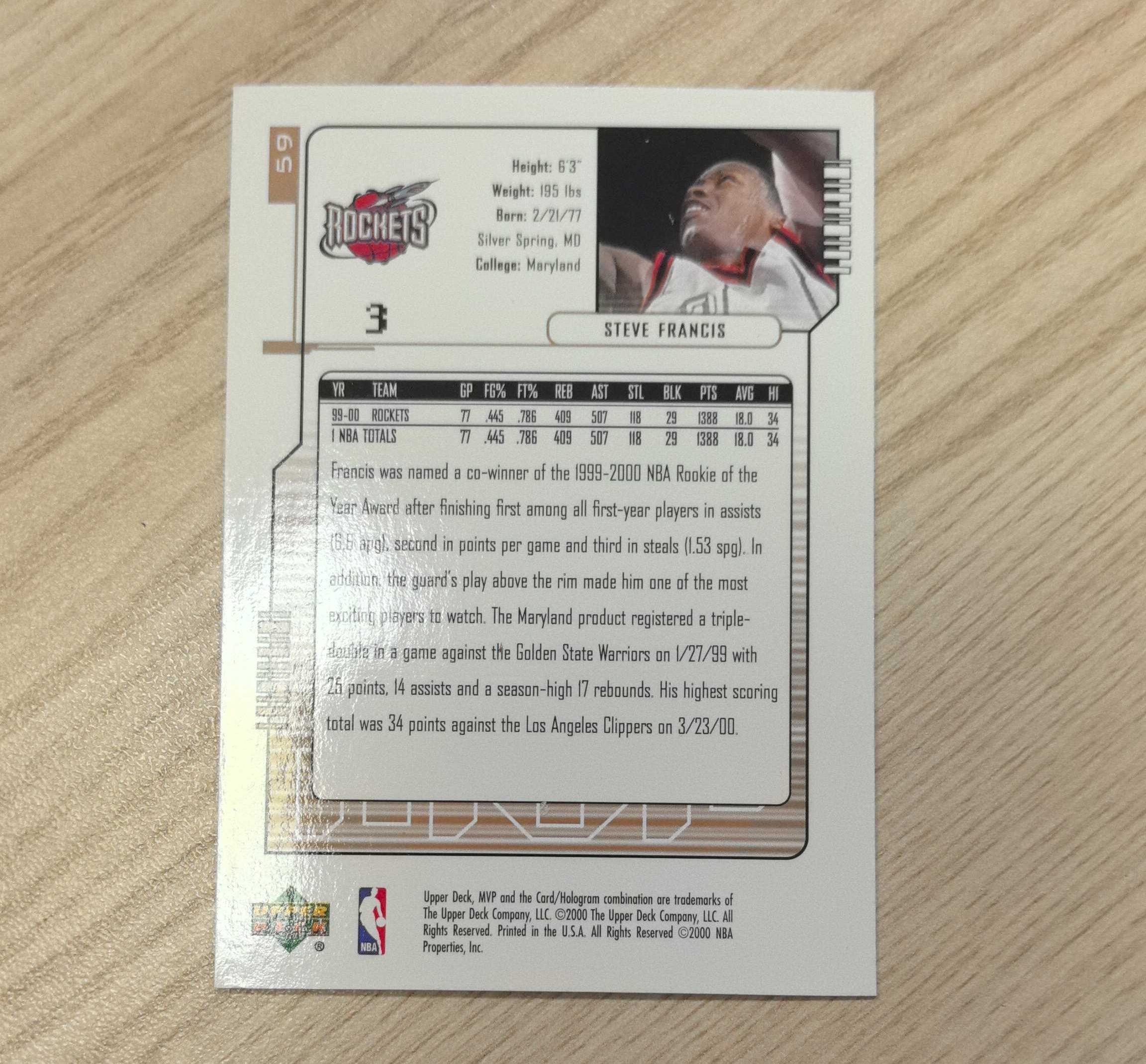 2000-01 Upper Deck MVP Steve Francis 史蒂夫·弗朗西斯 UD 姚明的好大哥 99年榜眼秀 3届全明星 进攻万花筒 先后效力于火箭、魔术、尼克斯