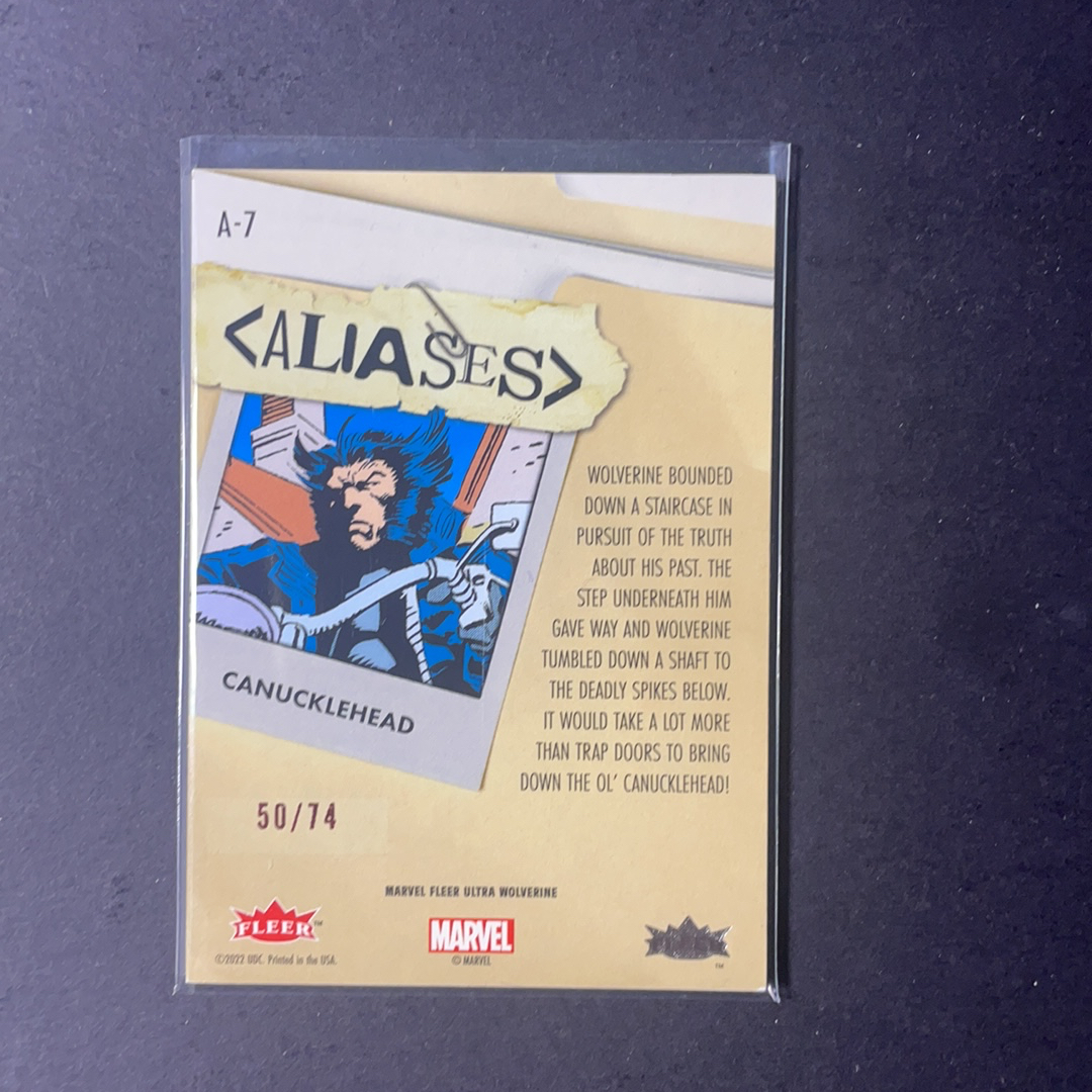 2024 Fleer Marvel (MCU) Ultra金刚狼 金刚狼 加拿大佬 金刚狼化名绰号特卡红平行74编 序号A-7 2024 漫威Fleer Ultra金刚狼系列 粉条代拍