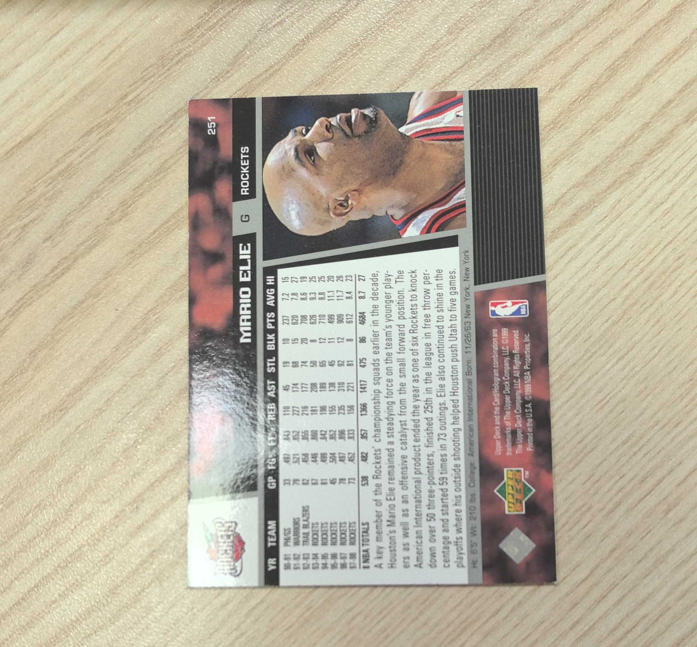 1998-99 Upper Deck Base Mario Elie 马里奥·埃利 99年随马刺夺冠 死亡之吻缔造者 邓肯和罗宾逊身边的好帮手 先后效力于76人、开拓者、火箭、勇士和太阳 硬通货