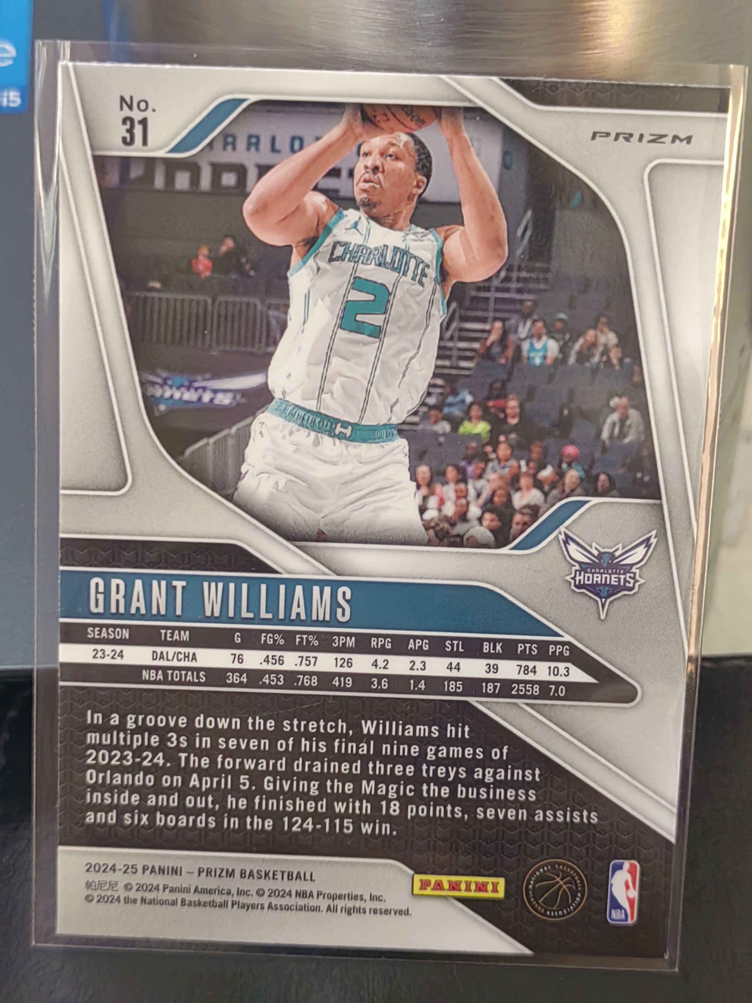 2024-25 Panini Prizm Grant Williams PZ 红点点折 格兰特威廉姆斯 黄蜂 篮 白边白角 不保卡品 卡品如图