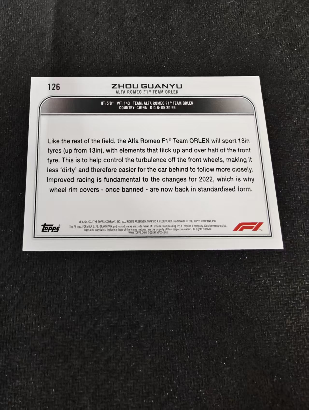 2022 Topps Chrome F1 Guanyu Zhou RC 周冠宇 新秀 阿尔法罗密欧 划痕 边角瑕疵 @126
