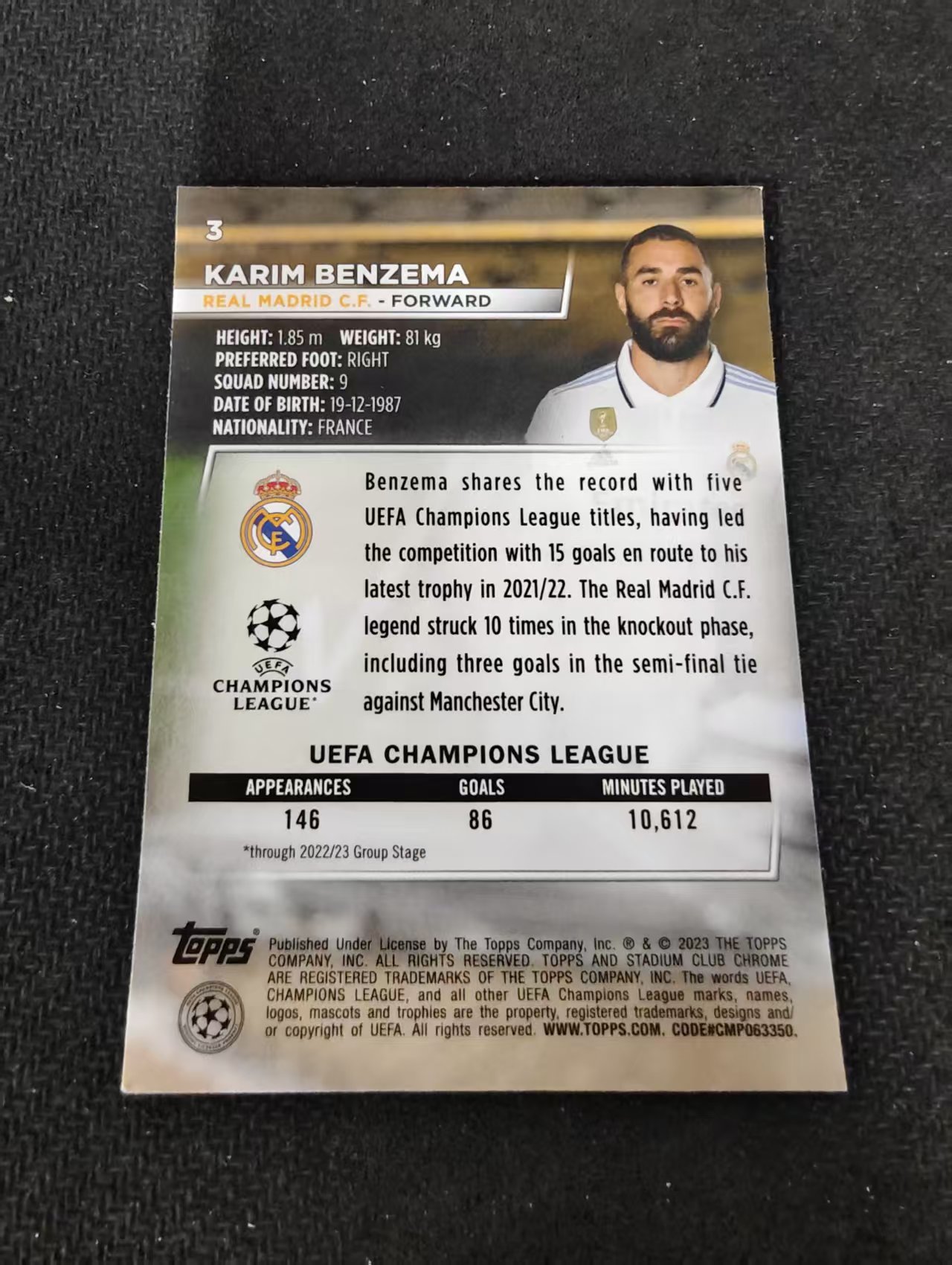 【可合并,不累计】2023 Topps Stadium Club Chrome Karim Benzema 本泽马 皇马 欧冠 竞技场 不保卡品 介意勿拍 #3