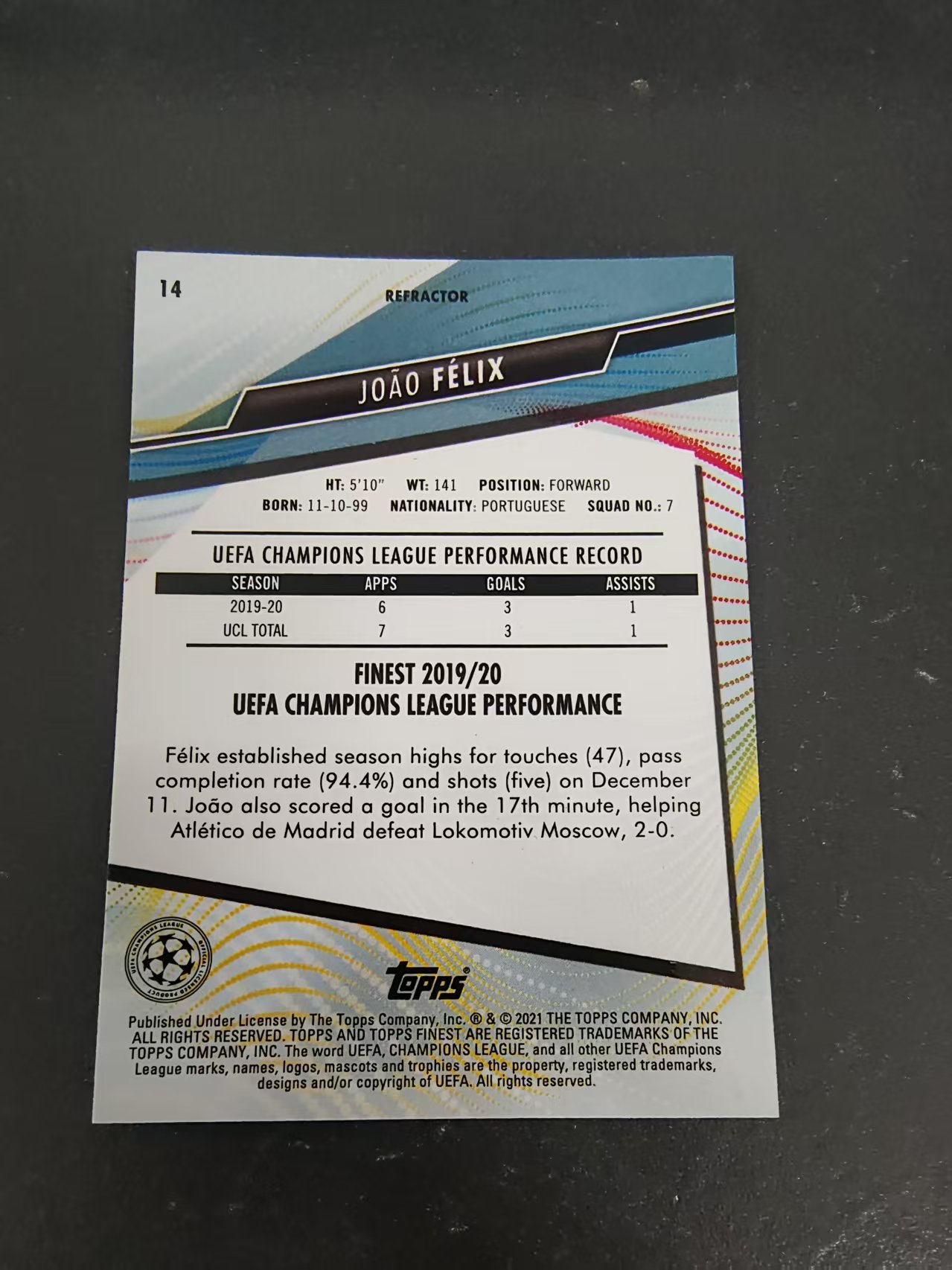 【可合并,不累计】2021 Topps Finest Joao Felix 欧冠 马德里竞技 马竞 菲利克斯 银折 #14