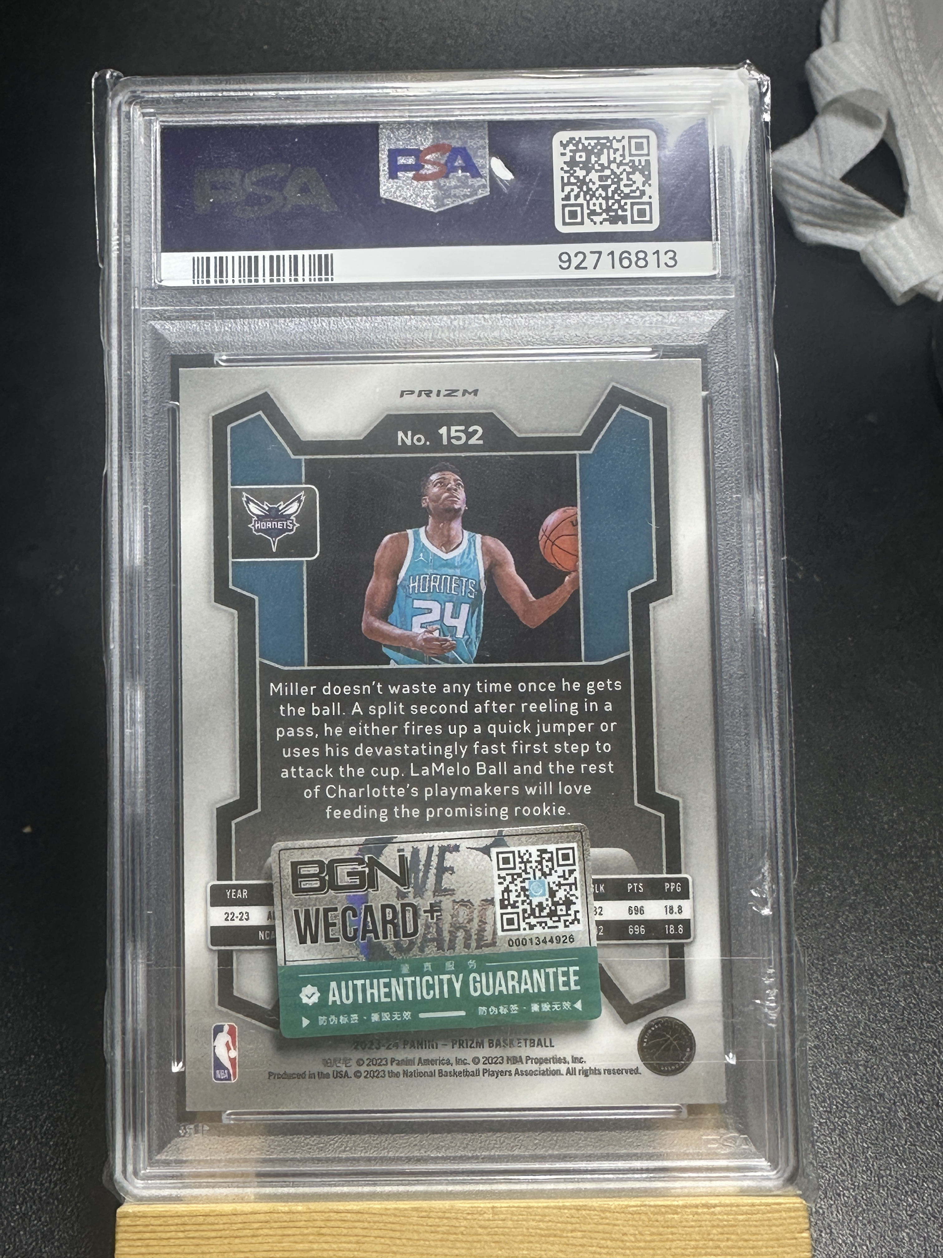 2023-24 Panini Prizm Brandon Miller RC PZ系列 黄蜂 榜眼 大热新秀 布兰登 米勒 正银折 折射 评级卡 PSA10分 完美卡品 袋子磨损 叉叉拍卖