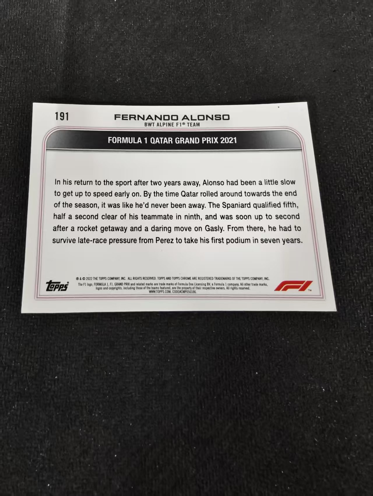 2022 Topps F1 Chrome Fernando Alonso 阿隆索 头哥 阿斯顿马丁 划痕 边角瑕疵 #191