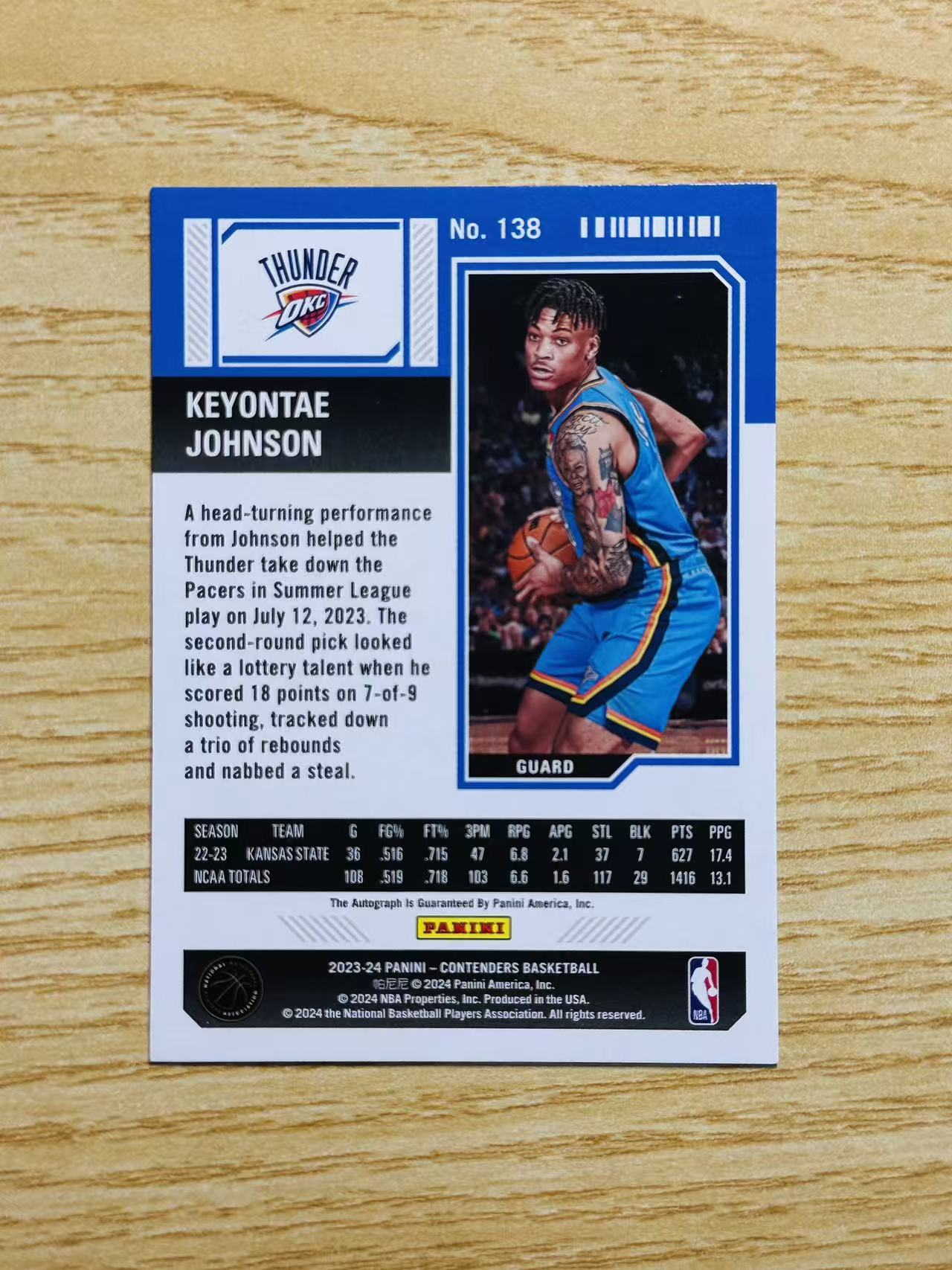 2023-24 Panini Contenders Keyontae Johnson #138 基昂泰 约翰逊 球票 签字 卡签 雷霆