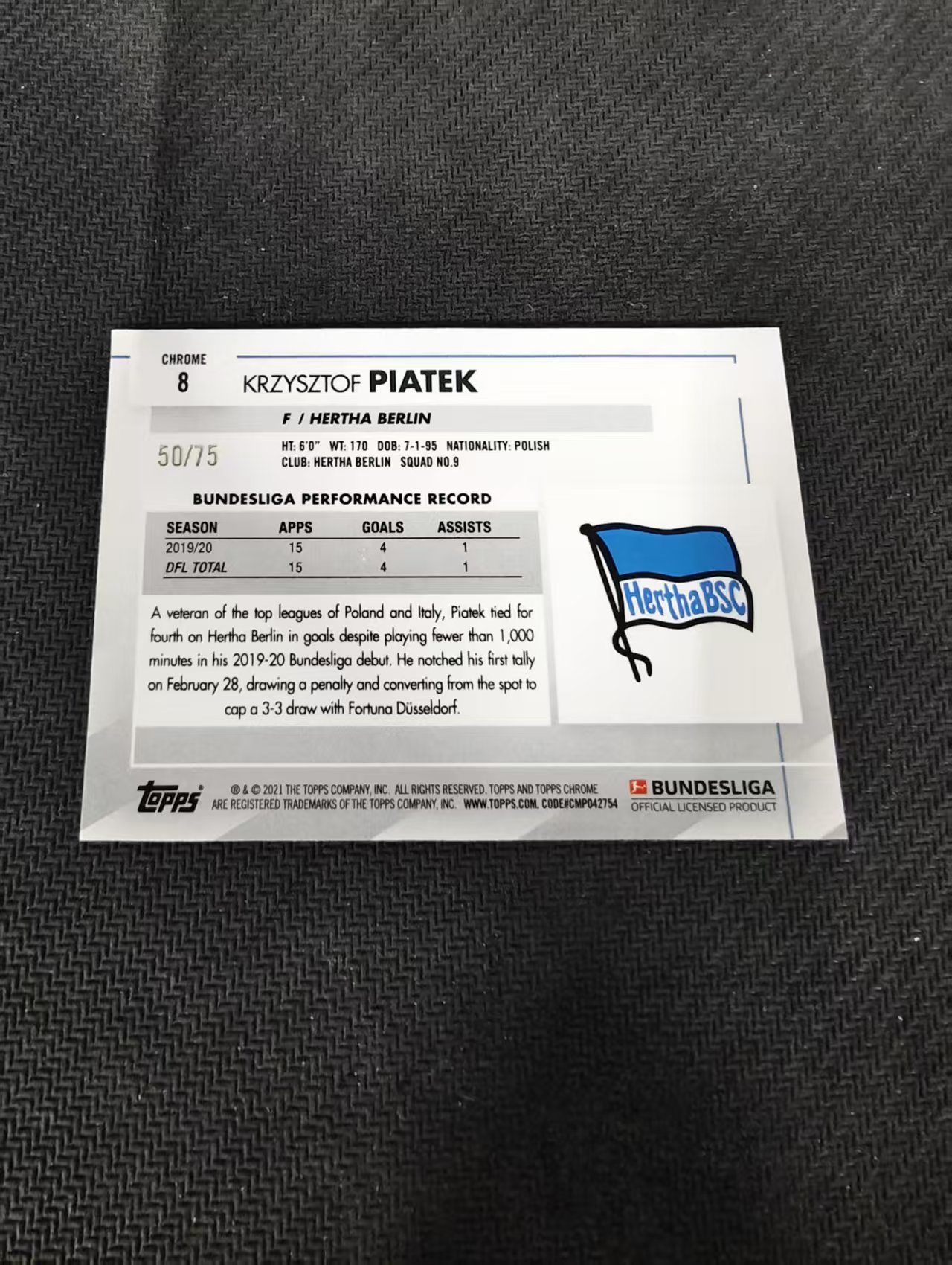 【可合并,不累计】2021 Topps chrome Krzysztof Piatek 德甲 皮亚特克 柏林赫塔 粉波纹 75编