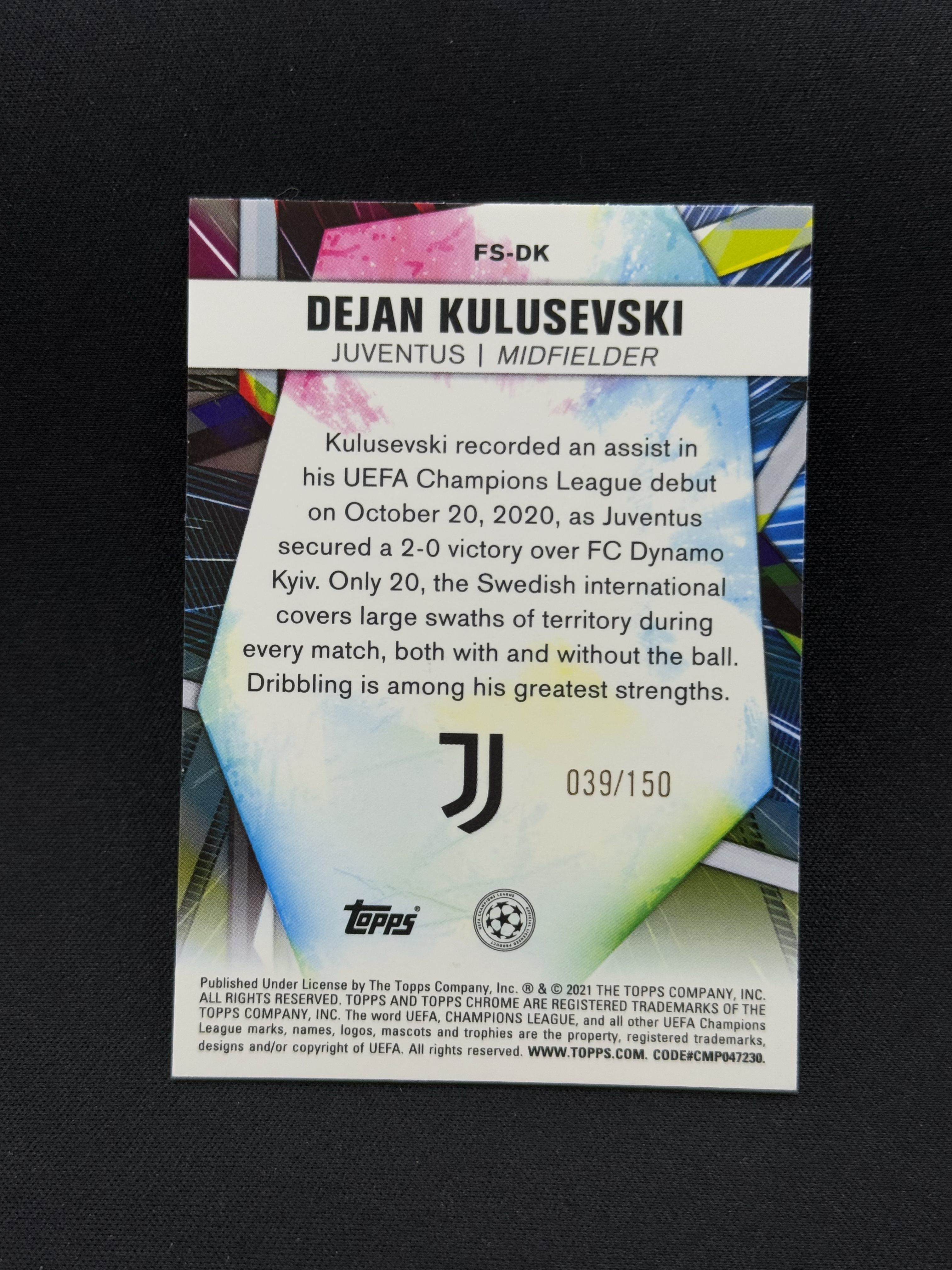 2019-20 Topps Chrome Dejan Kulusevski 【小贝代拍】元年 欧冠 蓝宝石 尤文 库卢塞夫斯基 未来之星特卡绿碎冰折 150编 卡品如图 拍前看描述 H EW