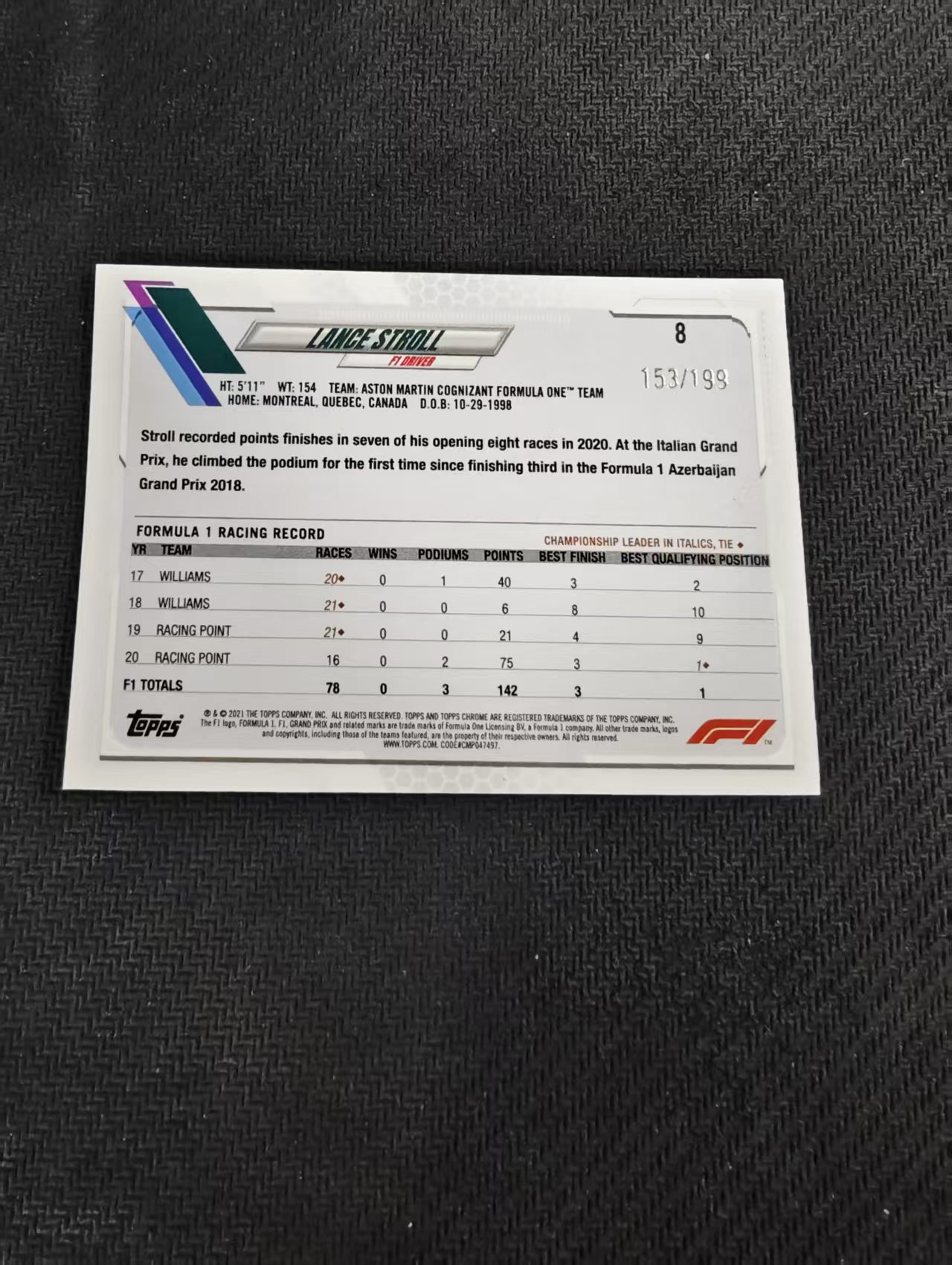 【汽水拍卖】2021 Topps Chrome F1 Lance Stroll 兰斯 斯托尔 阿斯顿马丁车队 棋盘折 格子折 199编 瑕疵如图