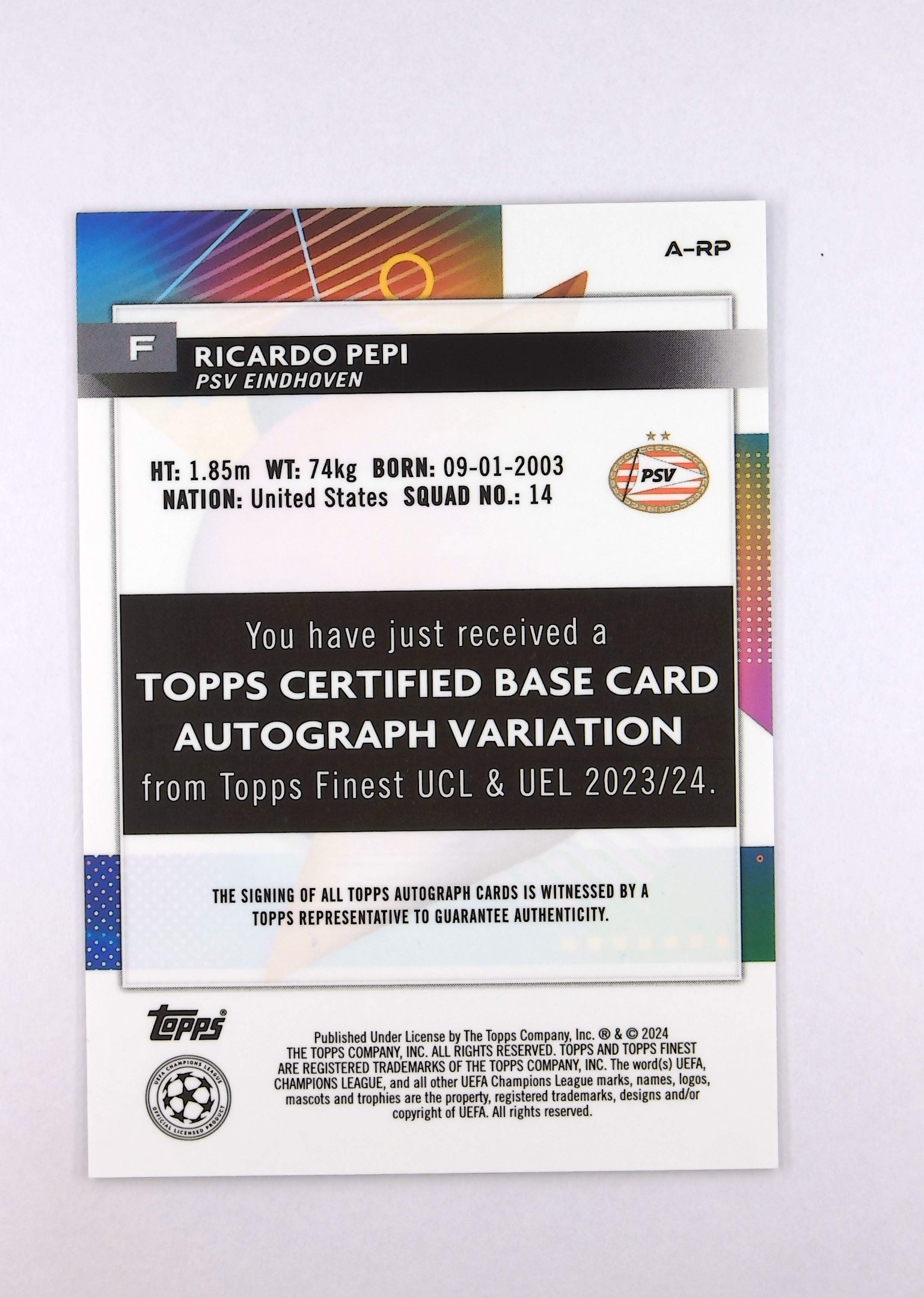【鲨鱼代卖】 2024 Topps Finest Ricardo Pepi 里卡多 佩皮 欧冠 签字 签名 银折 埃因霍温 默认微瑕 SY8990