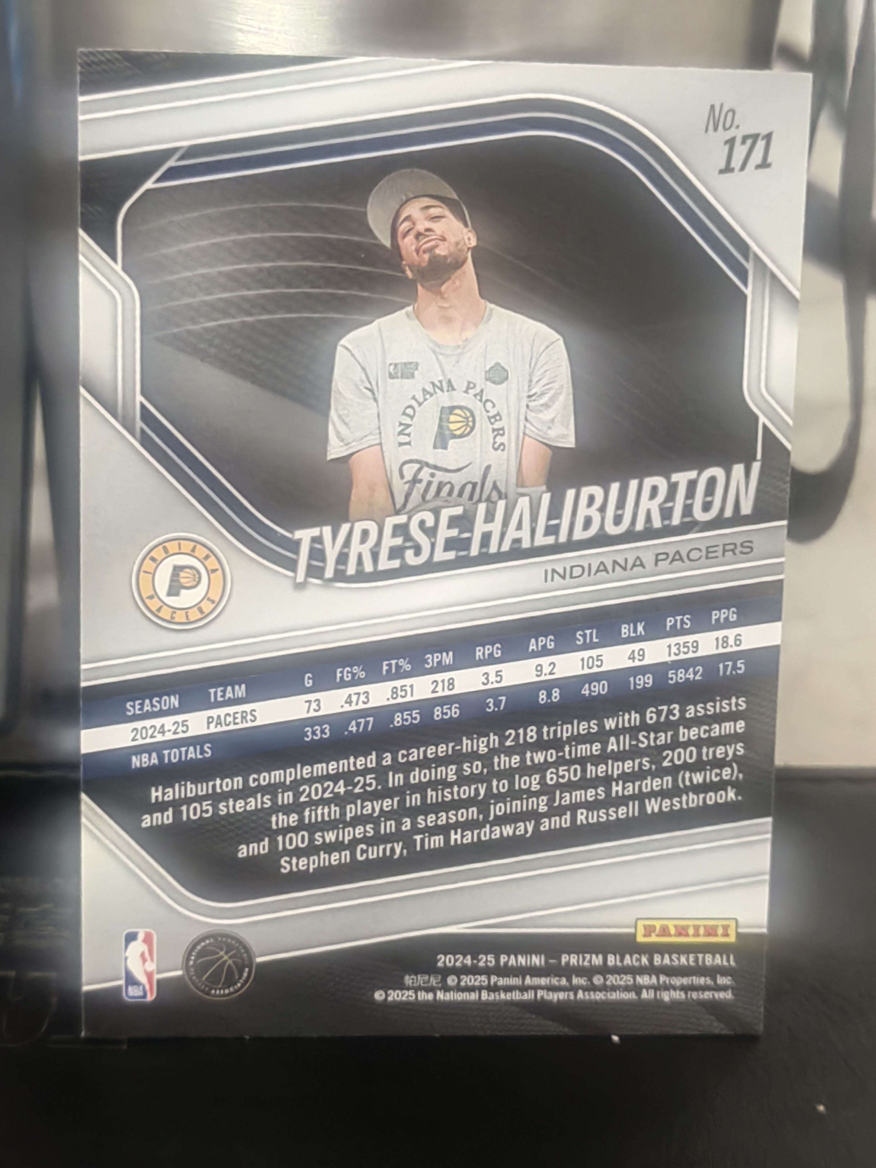 2024-25 Panini Prizm Black Tyrese Haliburton PZ Black 泰里斯 哈利伯顿 步行者 捧杯 篮 白边白角 不保卡品 卡品如图