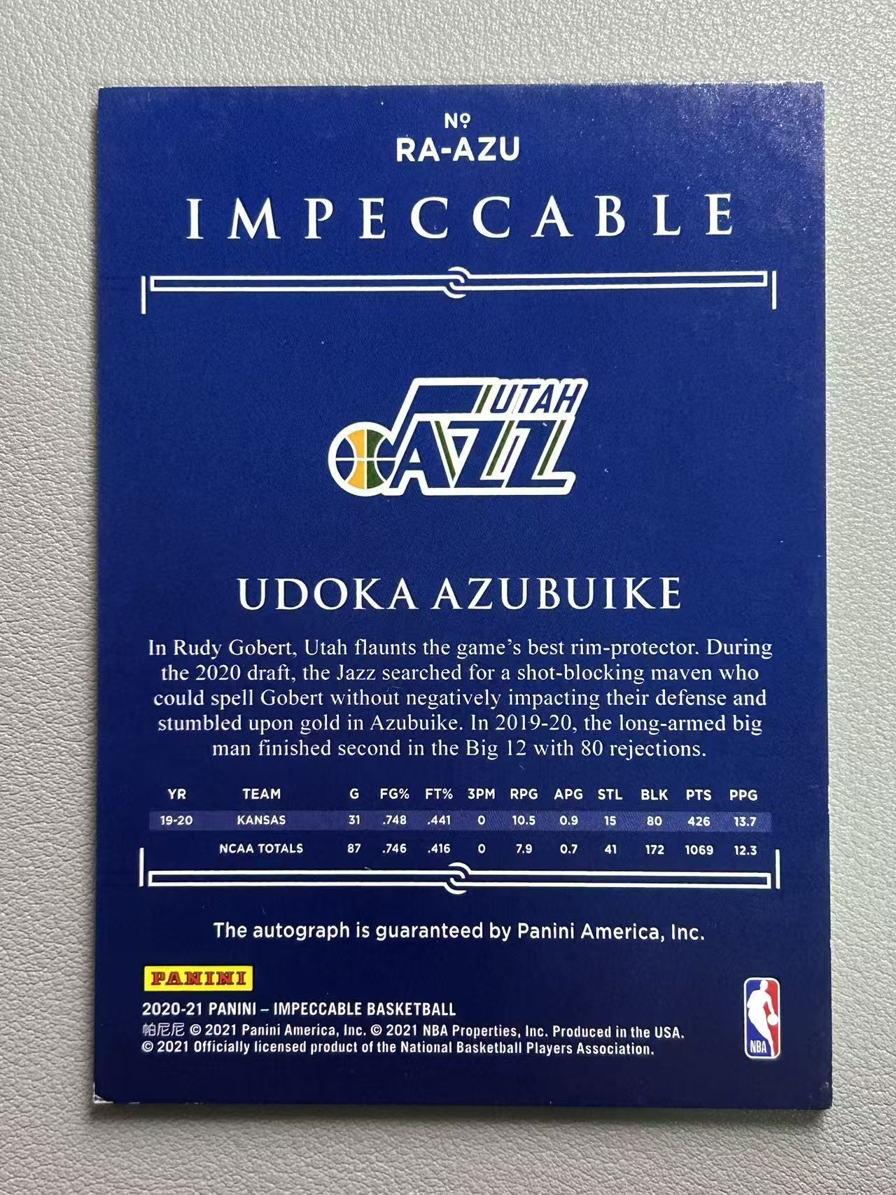 【阿泽代卖】2020-21 Panini Impeccable 小真金 Udoka Azubuike 爵士 新秀 RC 阿祖布伊克 签字 卡签 /99编 选图巨帅 卡品如图 介意勿拍-K哥