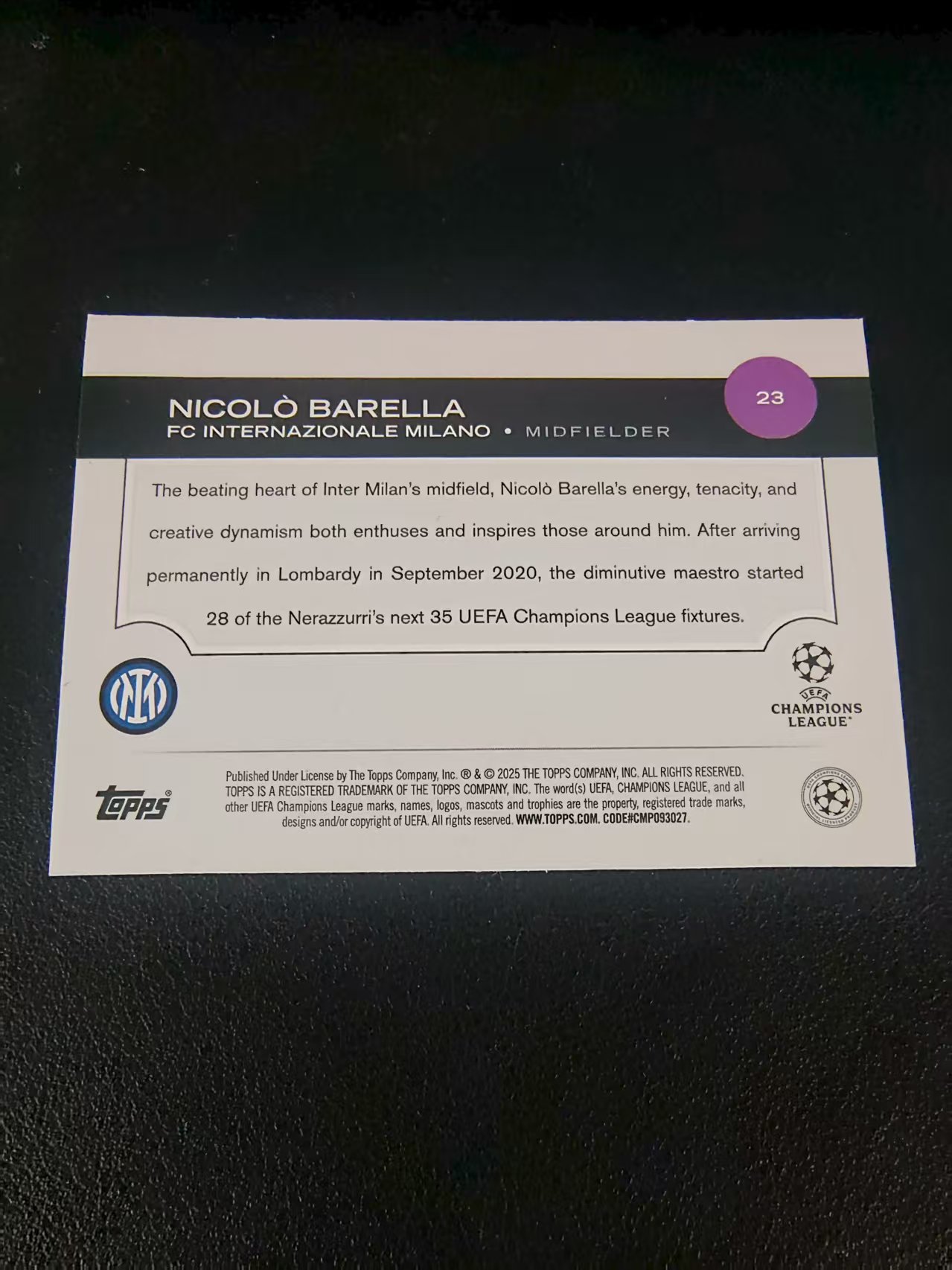 【可合并,不累计】2025 Topps Chrome Nicolò Barella 国际米兰 巴雷拉 欧冠 划痕 边角瑕疵 #23