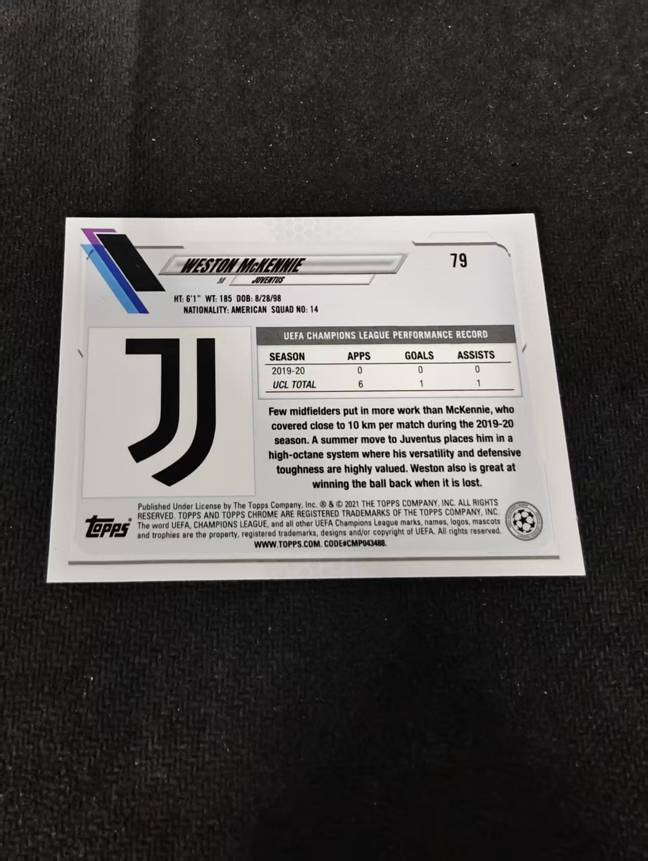 【可合并,不累计】2021 Topps Chrome weston mckennie 欧冠 韦斯顿 麦肯尼 美国 尤文图斯 橙泡泡折 大比例 划痕 边角瑕疵 #79