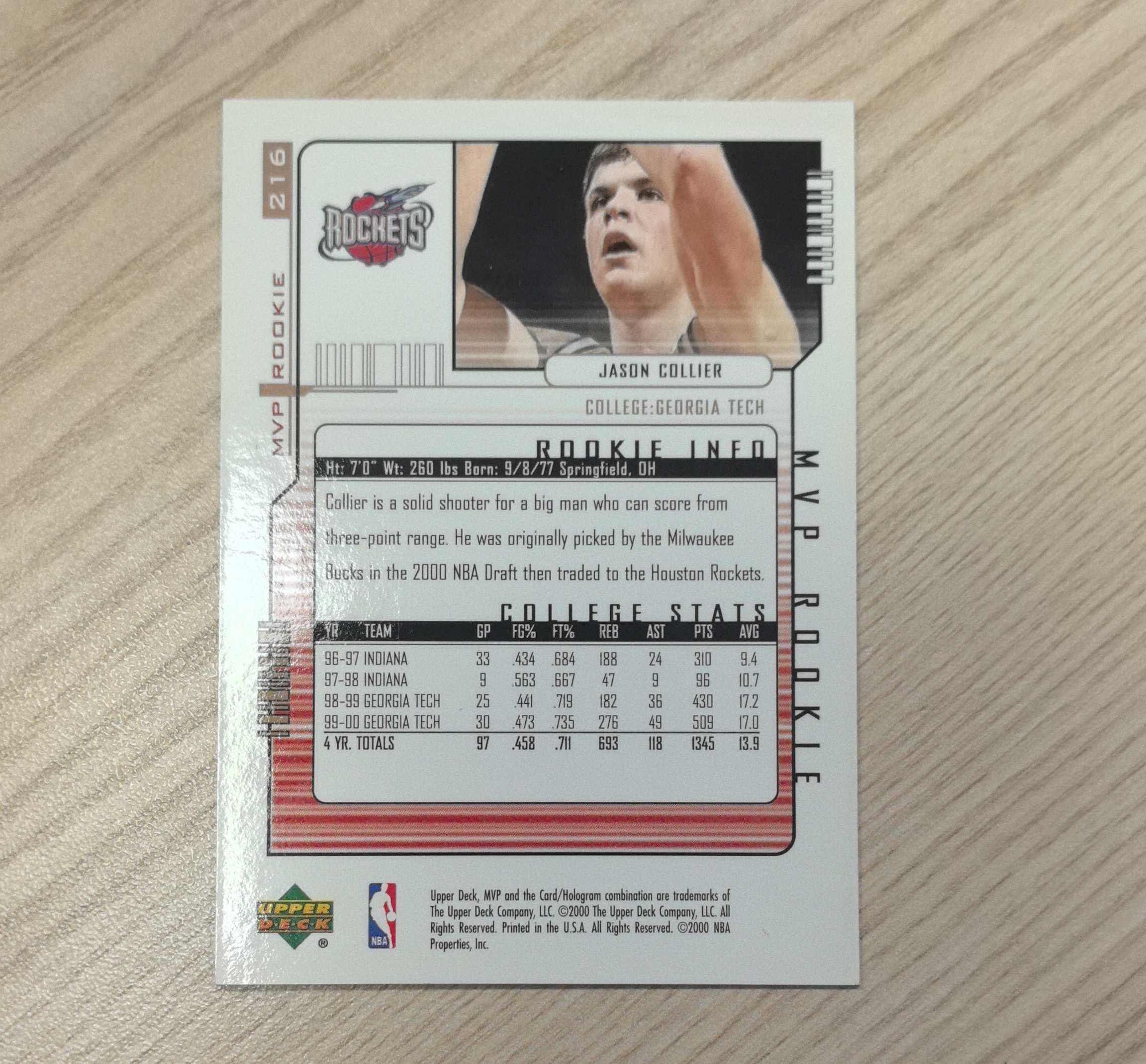 2000-01 Upper Deck MVP Jason Collier RC 贾森·科利尔 新秀卡 40号球衣被老鹰队退役 意外去世 先后效力于火箭和老鹰