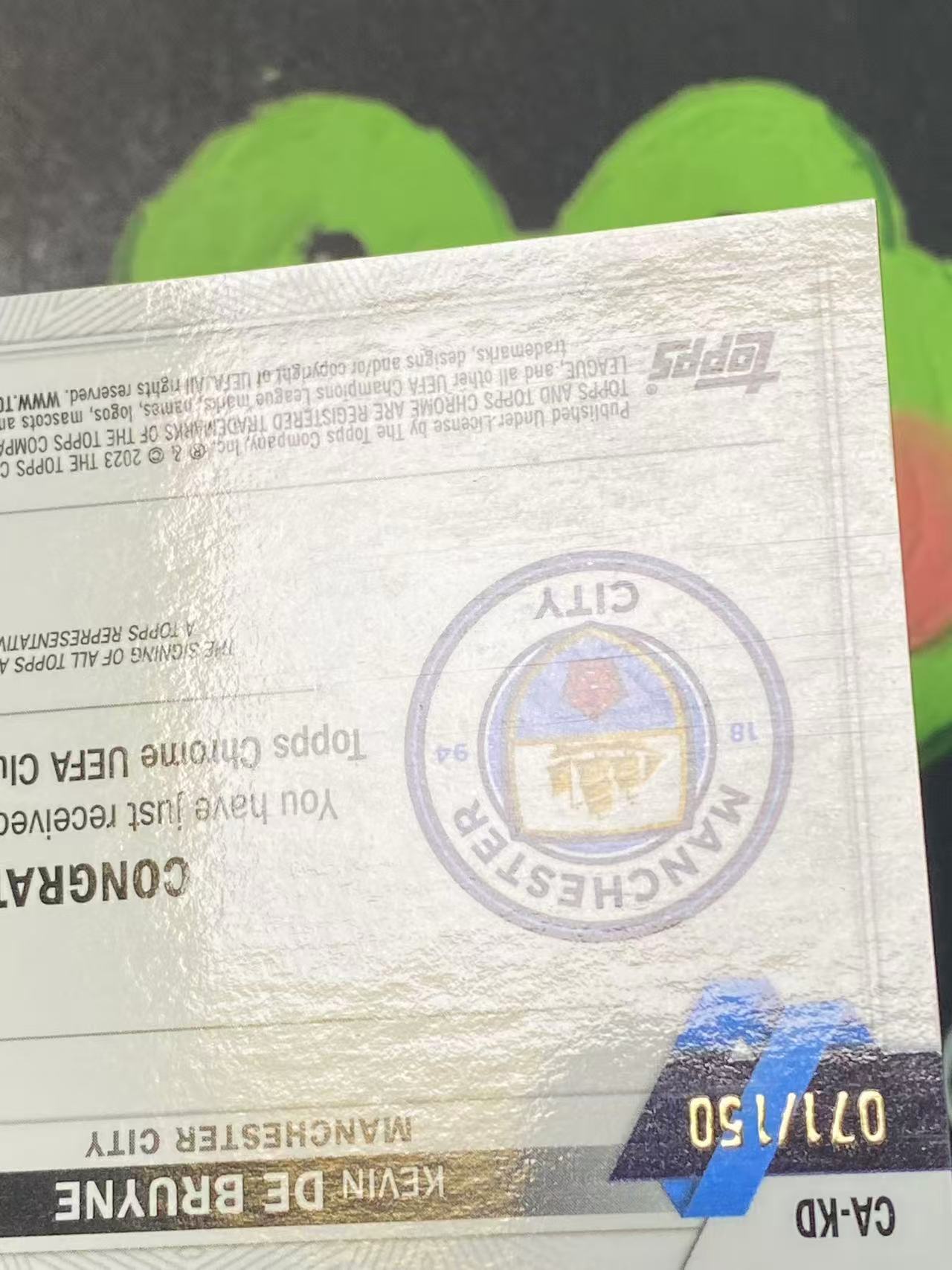 2023 Topps Chrome Kevin De Bruyne 欧冠 曼城 凯文 德布劳内 150编 蓝折 签字 比利时 丁丁 微瑕如图【ZYP代拍】JAY