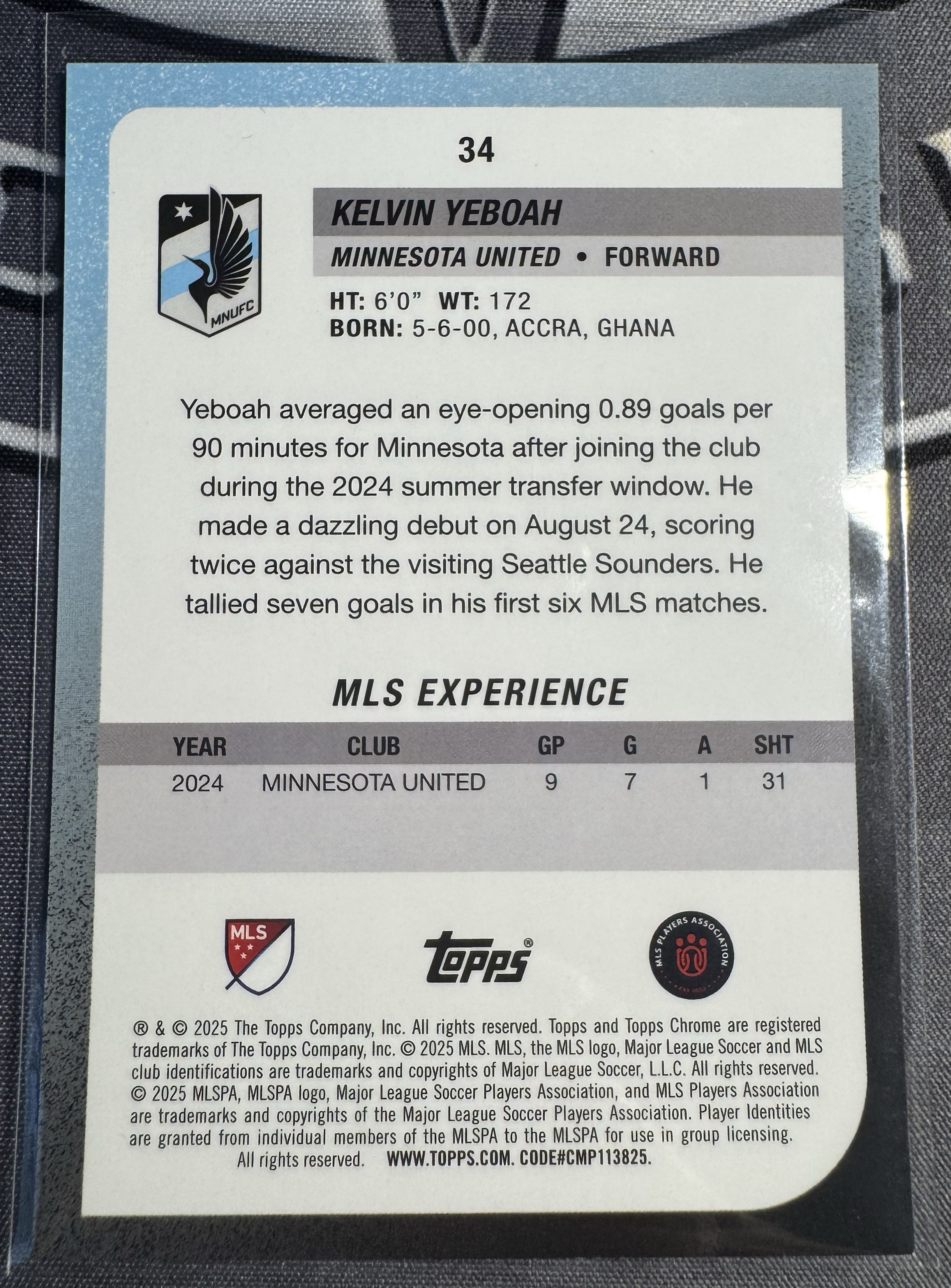 2025 Topps Chrome MLS Kelvin Yeboah TC 美职联 明尼苏达联 凯文 耶博阿 50编 金波纹折 卡品不保 瑕疵如图 XW