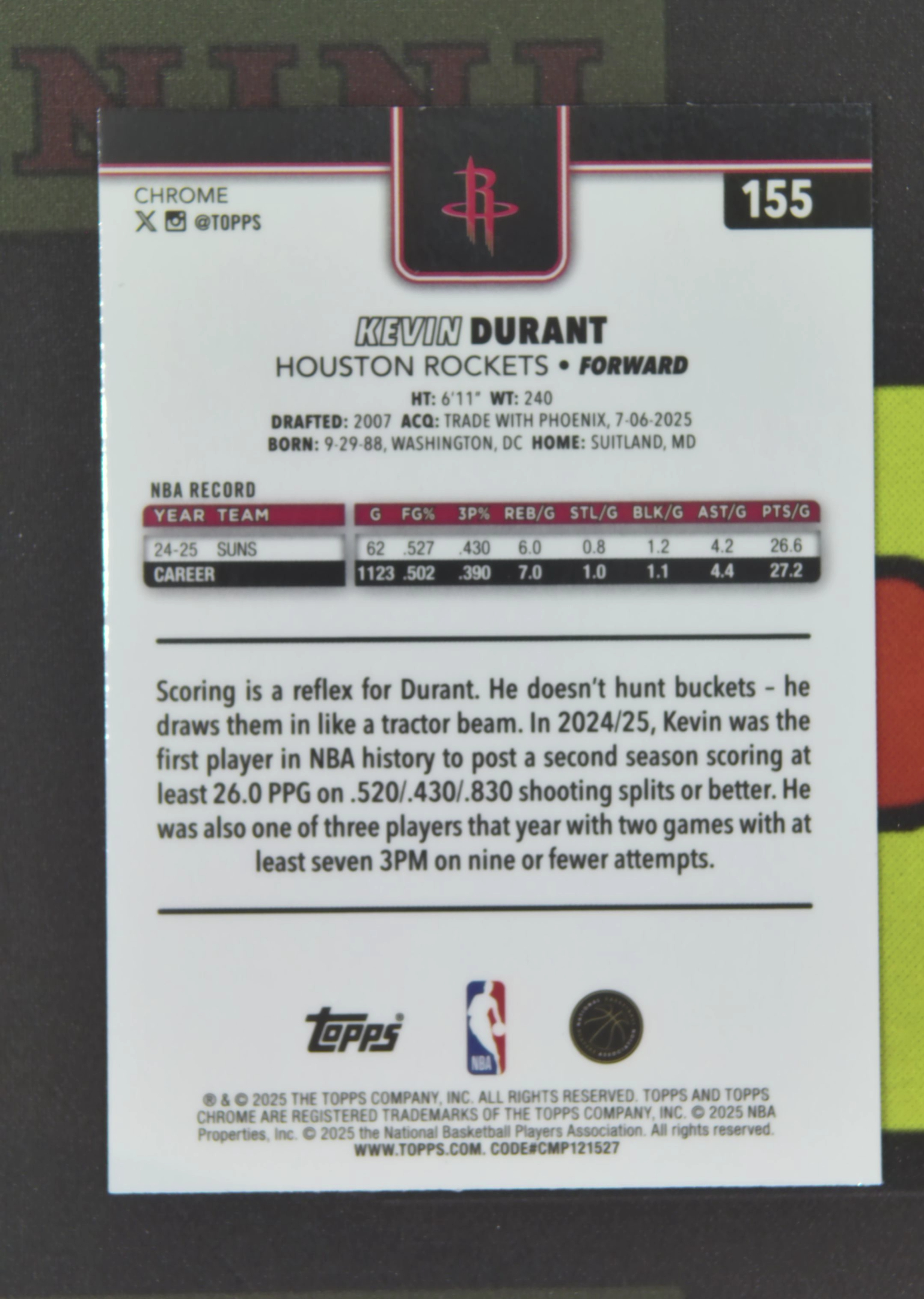 2025-26 Topps Chrome Kevin Durant Nirvana Project 凯文 杜兰特 火箭 146/199 青折 折射 TC 卡品如图 xu001