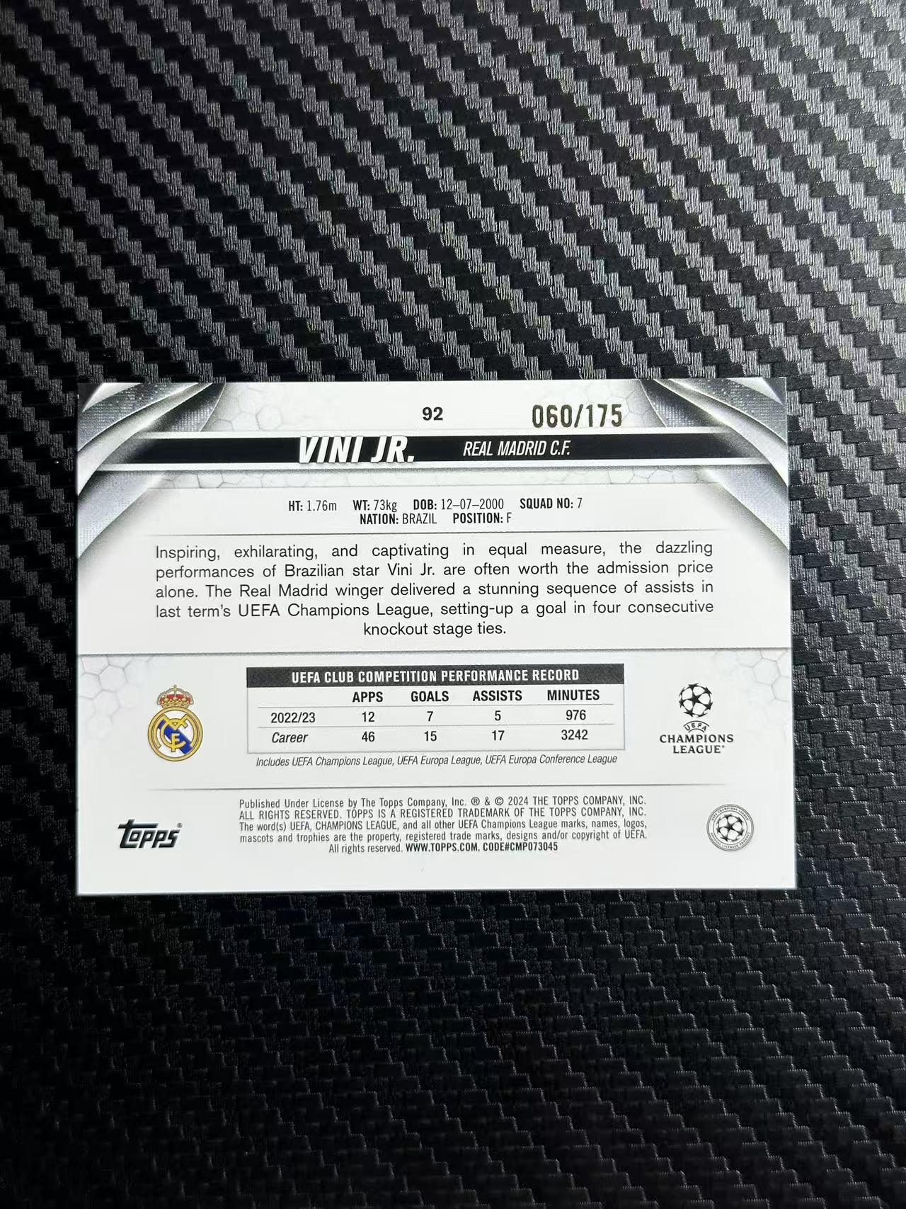 2024 Topps UCC Vinicius Junior 欧冠 碧玉 维尼修斯 小熊 皇马 皇家马德里 巴西 060/175编 蓝玉折 卡品如图 拍前看描述 卡品如图 拍前看描述