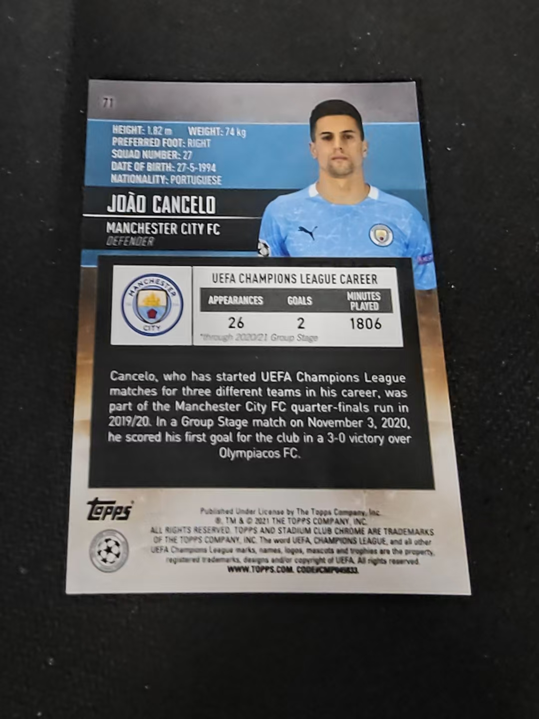 【可合并,不累计】2021 Topps Stadium Club Chrome Joao Cancelo 若昂 坎塞洛 曼城 欧冠 竞技场 不保卡品 介意勿拍 #71