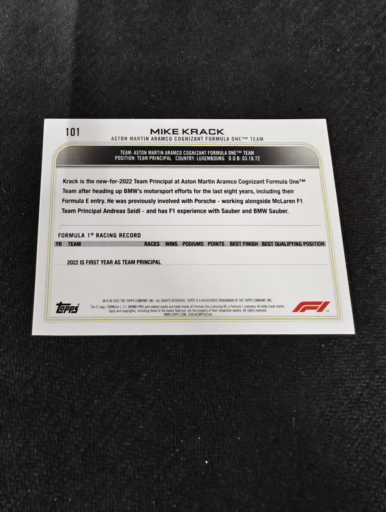 2022 Topps Chrome F1 Mike Krack 阿斯顿马丁 迈克 克拉克 黑白棋盘 划痕 边角瑕疵@101