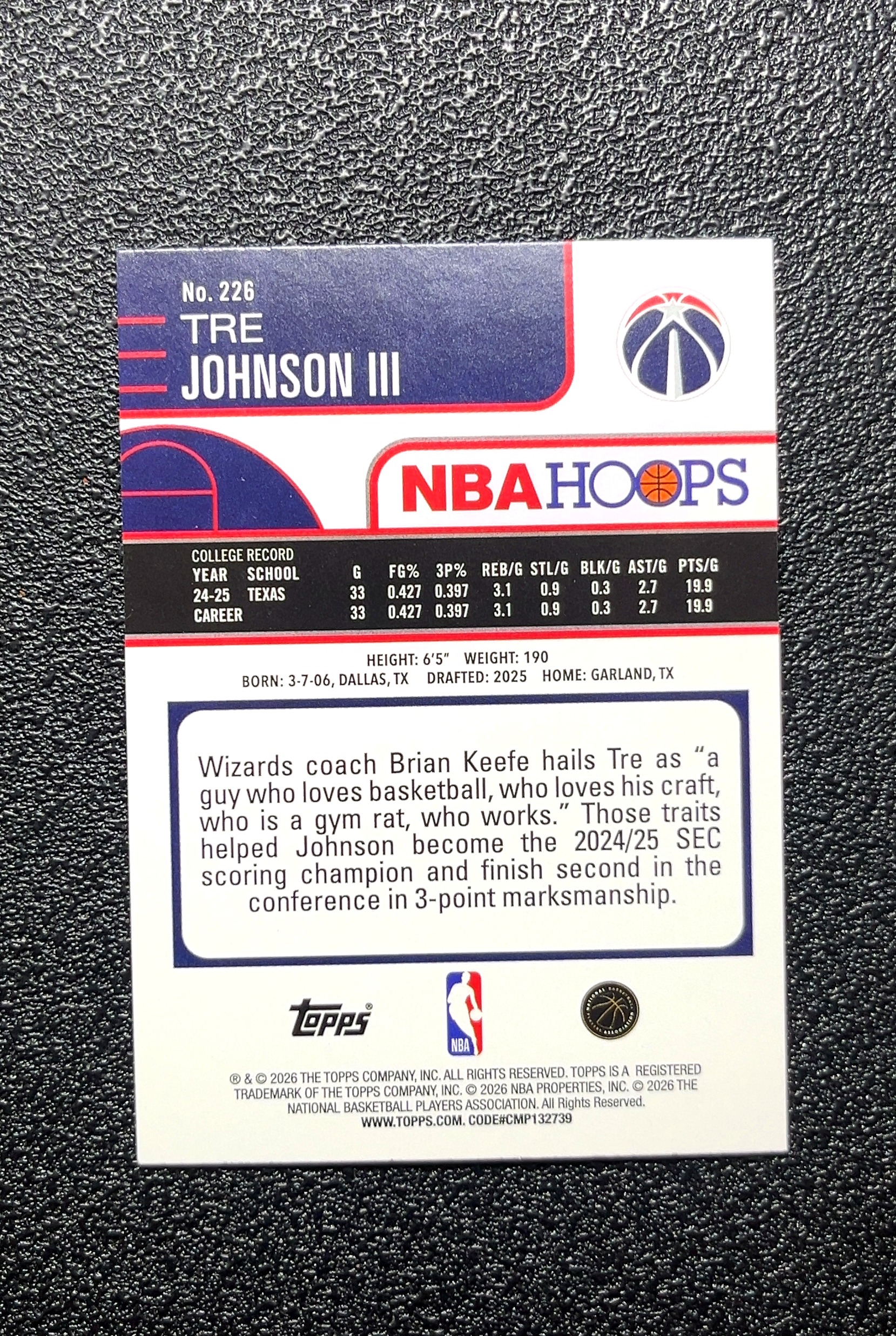 【岛屿拍卖】2026 Topps NBA HOOPS Tre Johnson III 特雷·约翰逊三世 银折 折射 新秀 RC 卡品如图 高价值 #226 Washington 0008#151