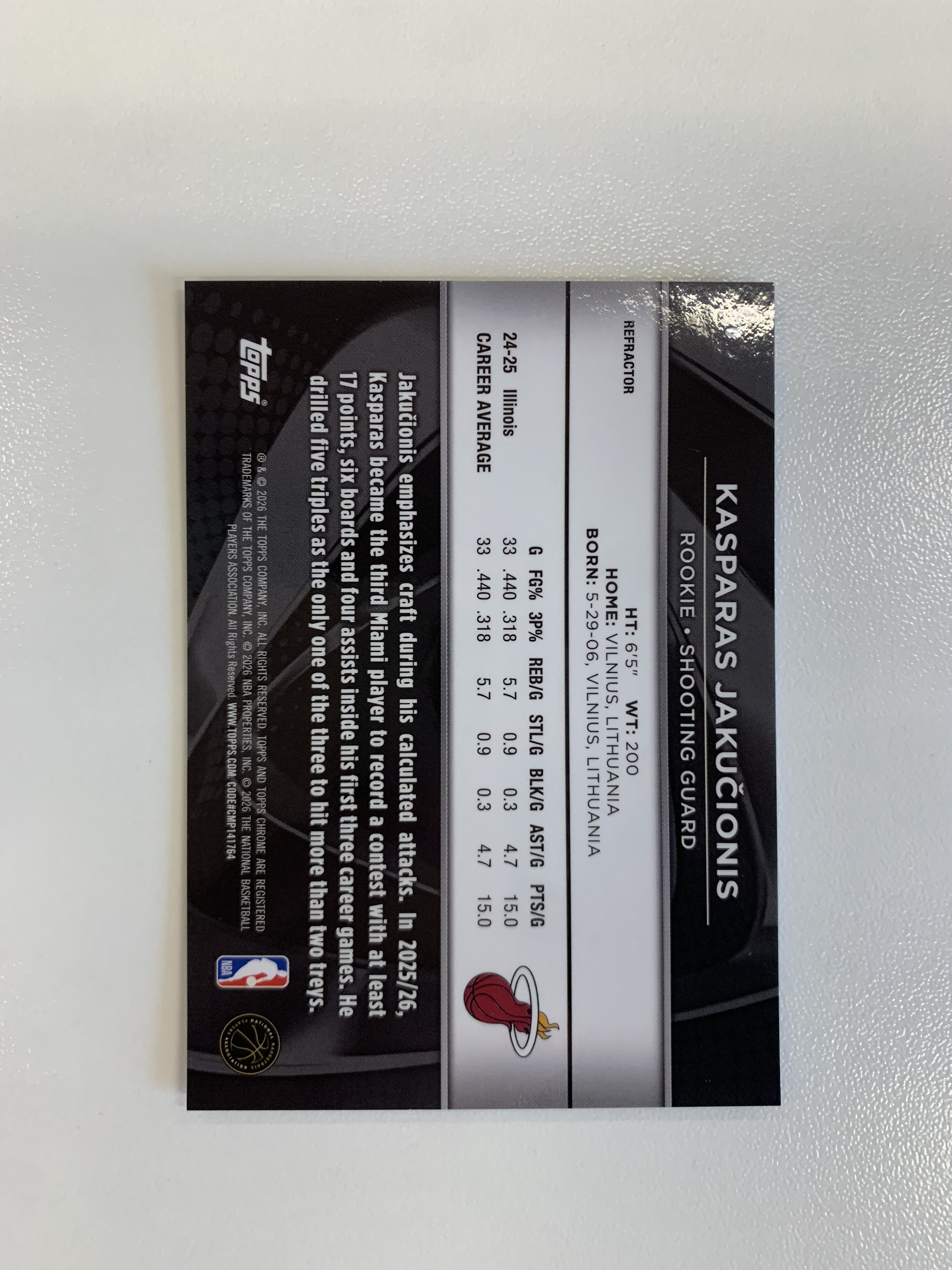 2025-26 Topps Chrome Black Kasparas Jakučionis 雅库西奥尼斯 新秀RC 299编限量 折射 HYW