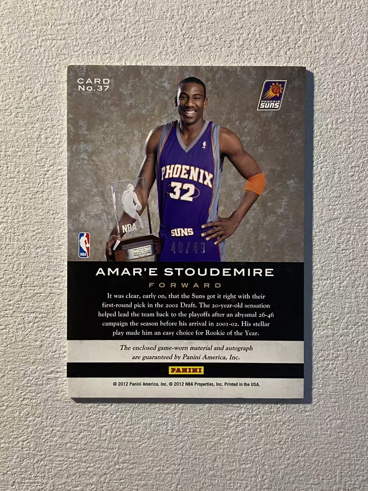 2012 Panini Limited Amare Stoudemire 雷米特 太阳 斯塔德迈尔 小霸王 /49编 ja 签字 球衣 物料 收藏必备