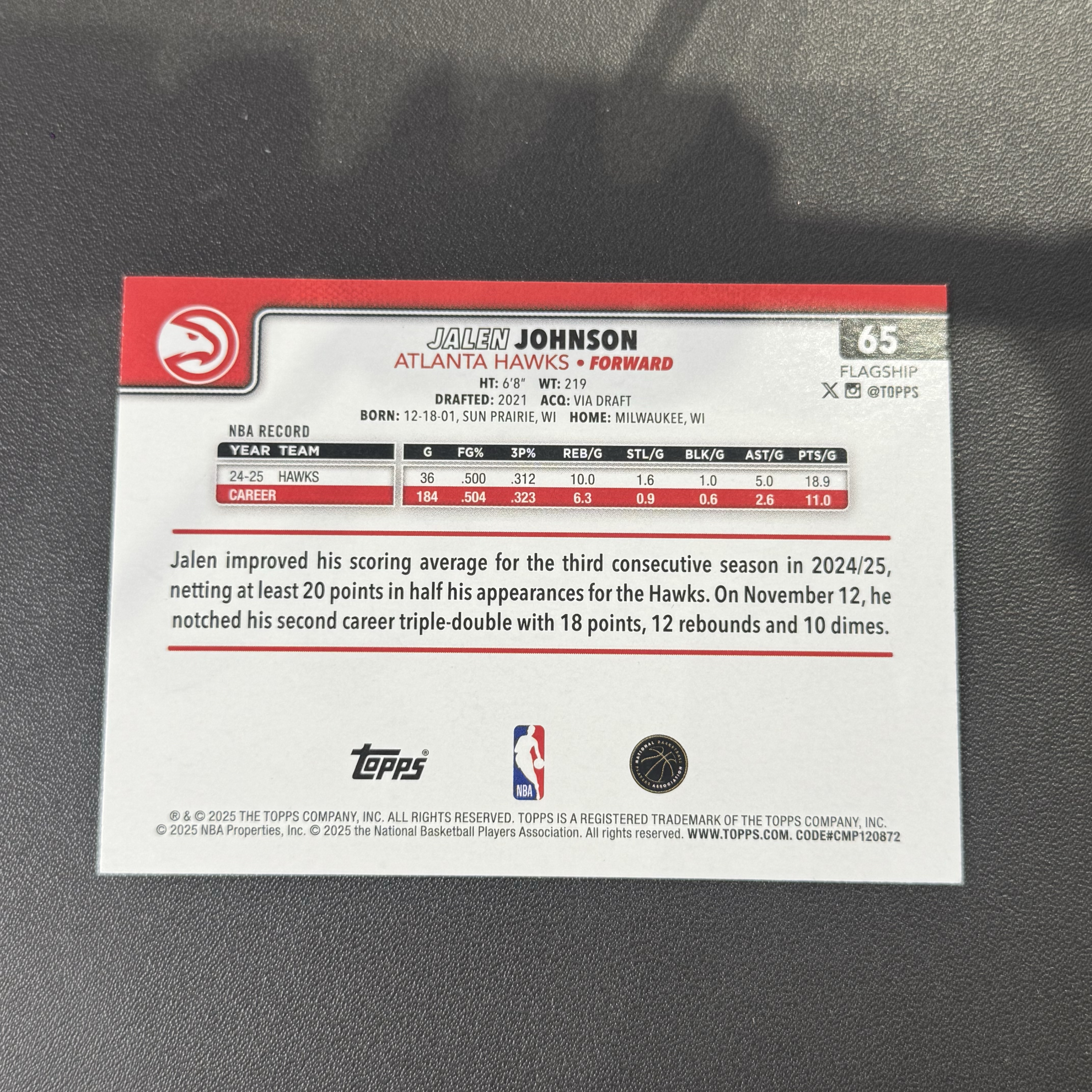 2025-26 Topps flagship Jalen Johnson 【猴猴旺卡】老鹰 杰伦 约翰逊 银折 横版 #65 卡品如图 接代拍 12a 【WXZ】