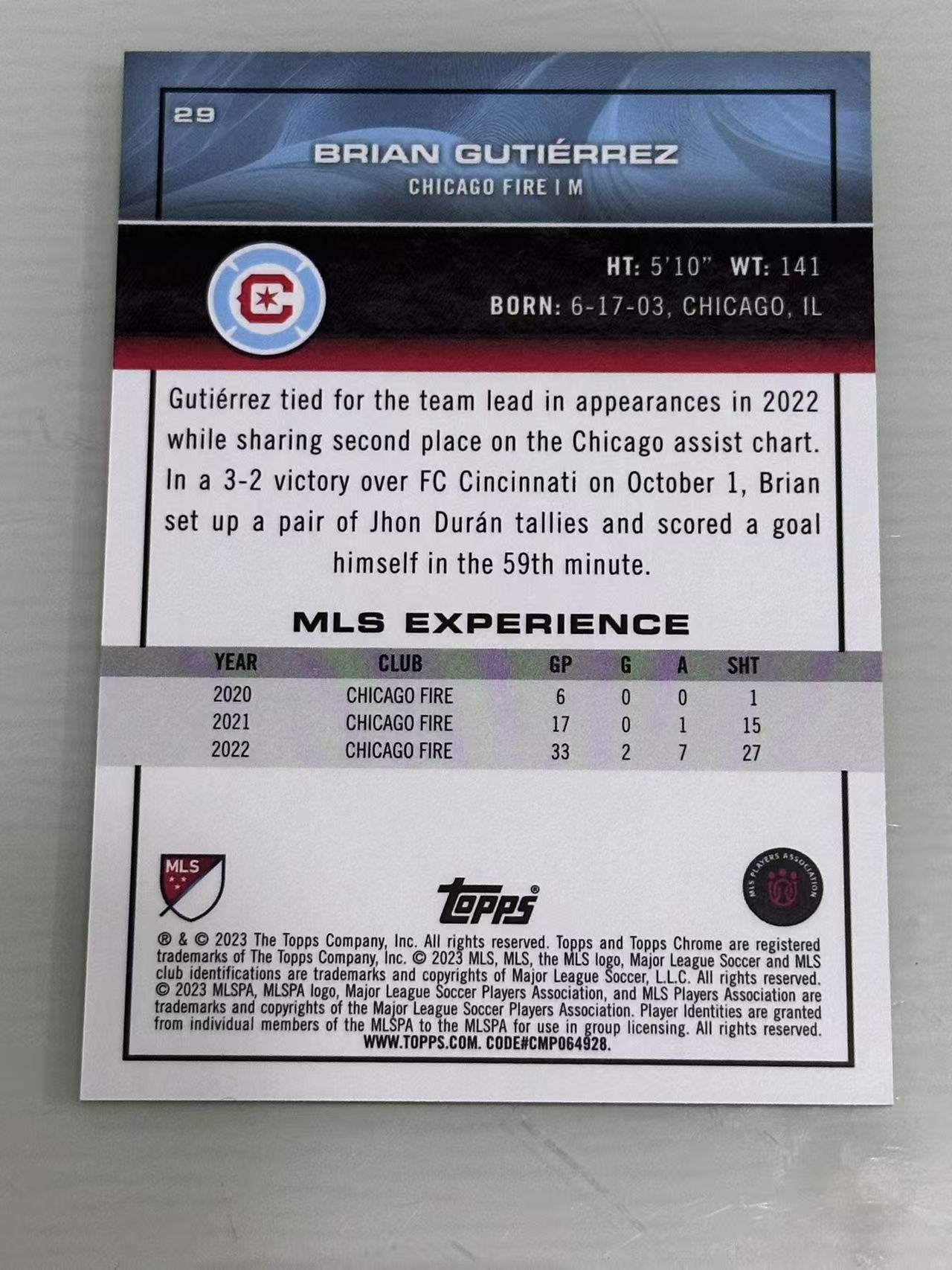 2023 Topps Chrome Brian Gutierrez 美职联 布赖恩 古铁雷斯 美国 芝加哥火焰 瓜达拉哈拉体育 新秀小妖 99编 世界杯 收藏必备