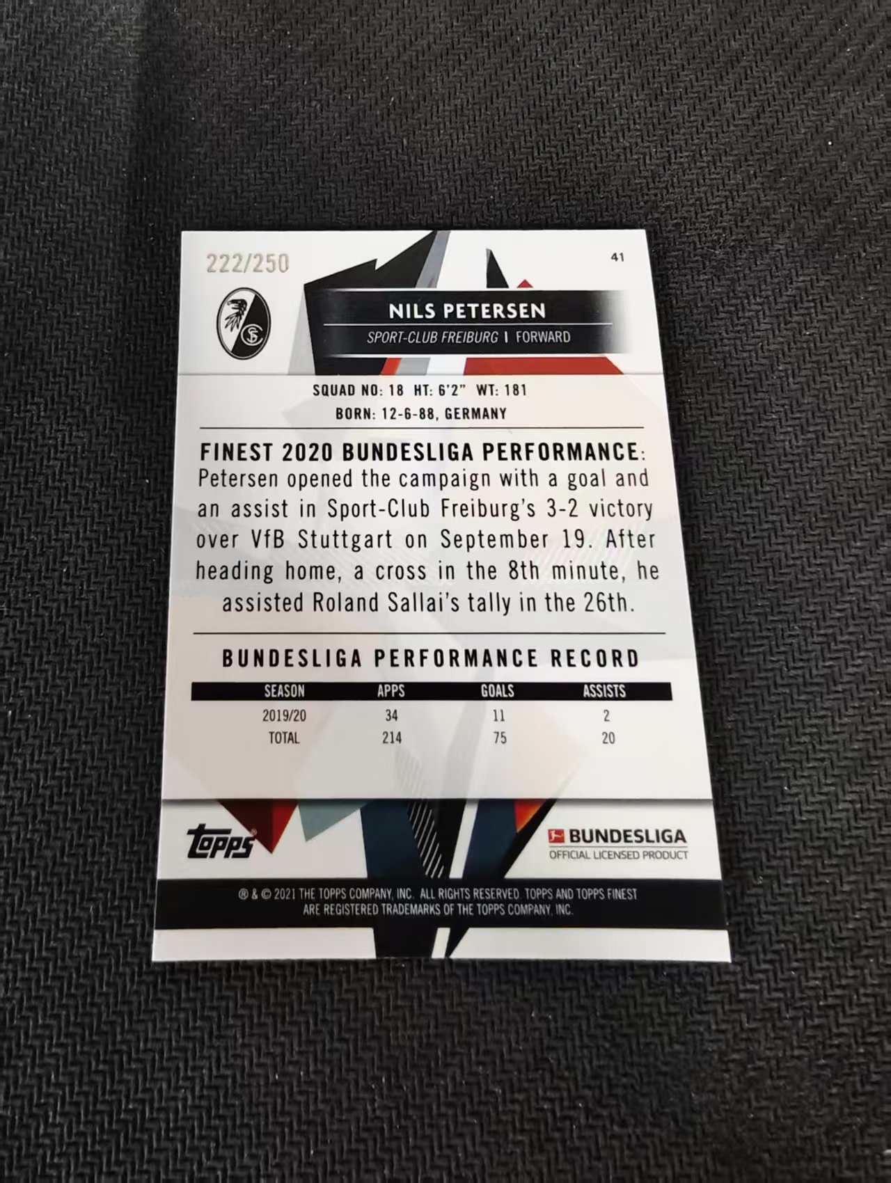 【可合并,不累计】2021 Topps Finest Nils Petersen 德甲 弗莱堡 尼尔斯 彼得森 紫折 250编 印刷线