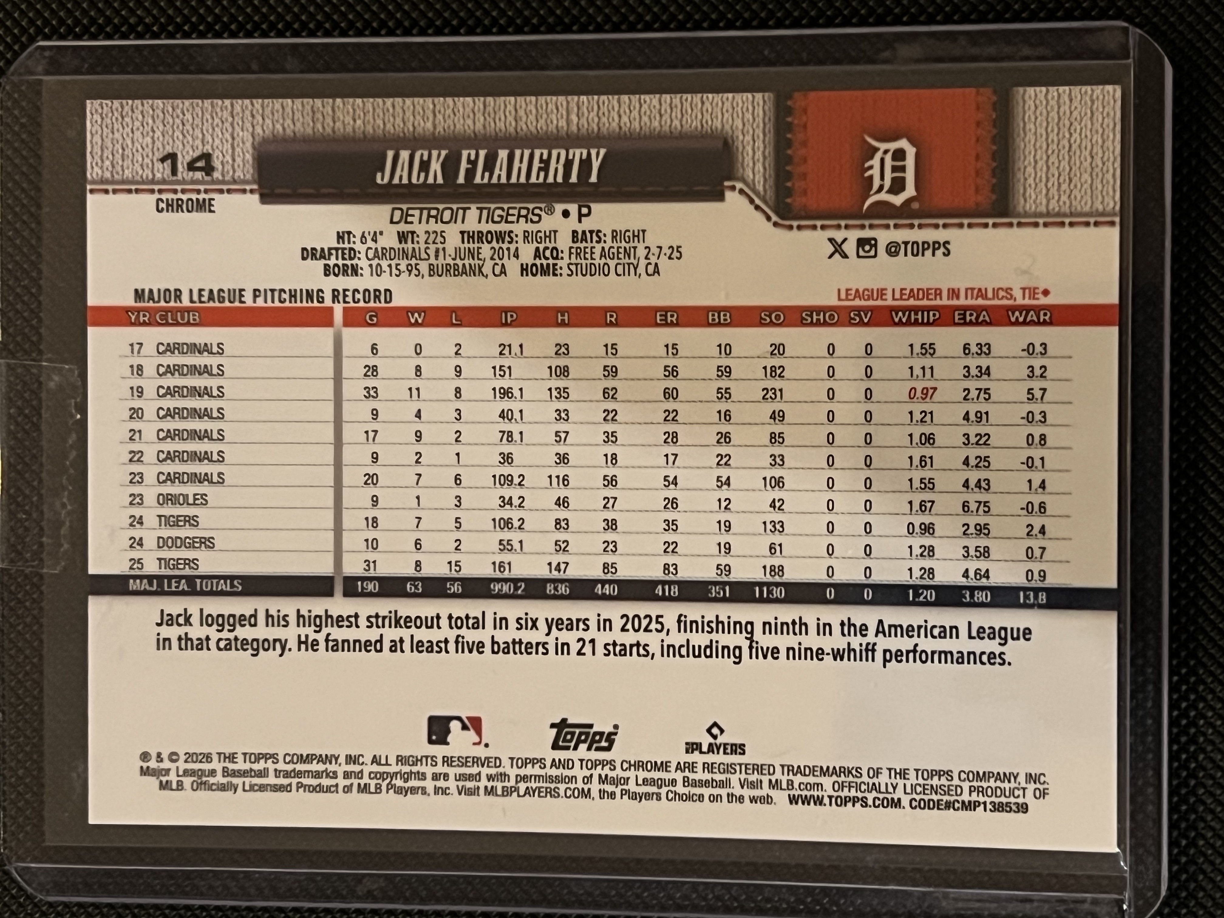 2026 Topps Chrome Jack Flaherty #14 底特律老虎 杰克・弗莱厄蒂 50编 正base 金折 logo折射卡!!凑套必备!!