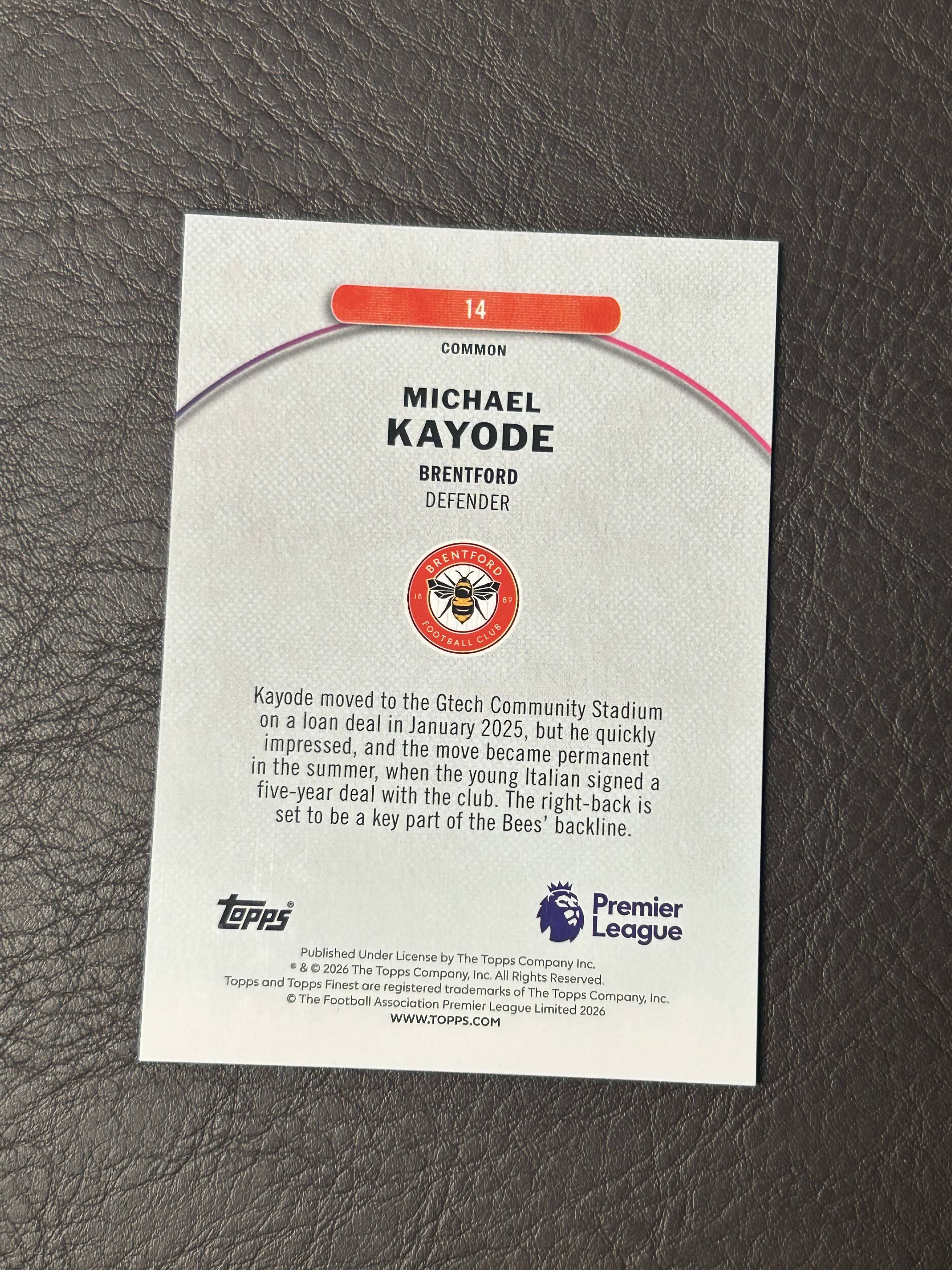 2026 Topps Finest Michael Kayode #14 英超 卡约德 布伦特福德 小蜜蜂 珍珠折 33/60编
