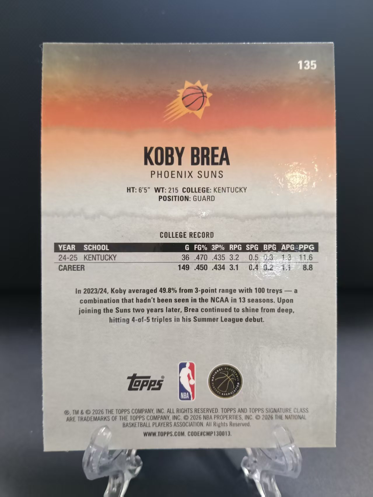 2026 Topps Signature Class Koby Brea RC 新秀年 选秀年 太阳 RC 科比 布雷亚 方格镭射折射平行款 卡品如图