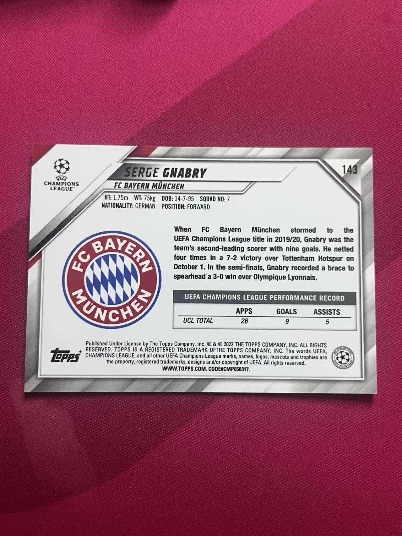 2022 Topps Chrome Serge Gnabry #143 拜仁慕尼黑 加布里埃尔 蓝宝石tc 蓝碎冰 A93