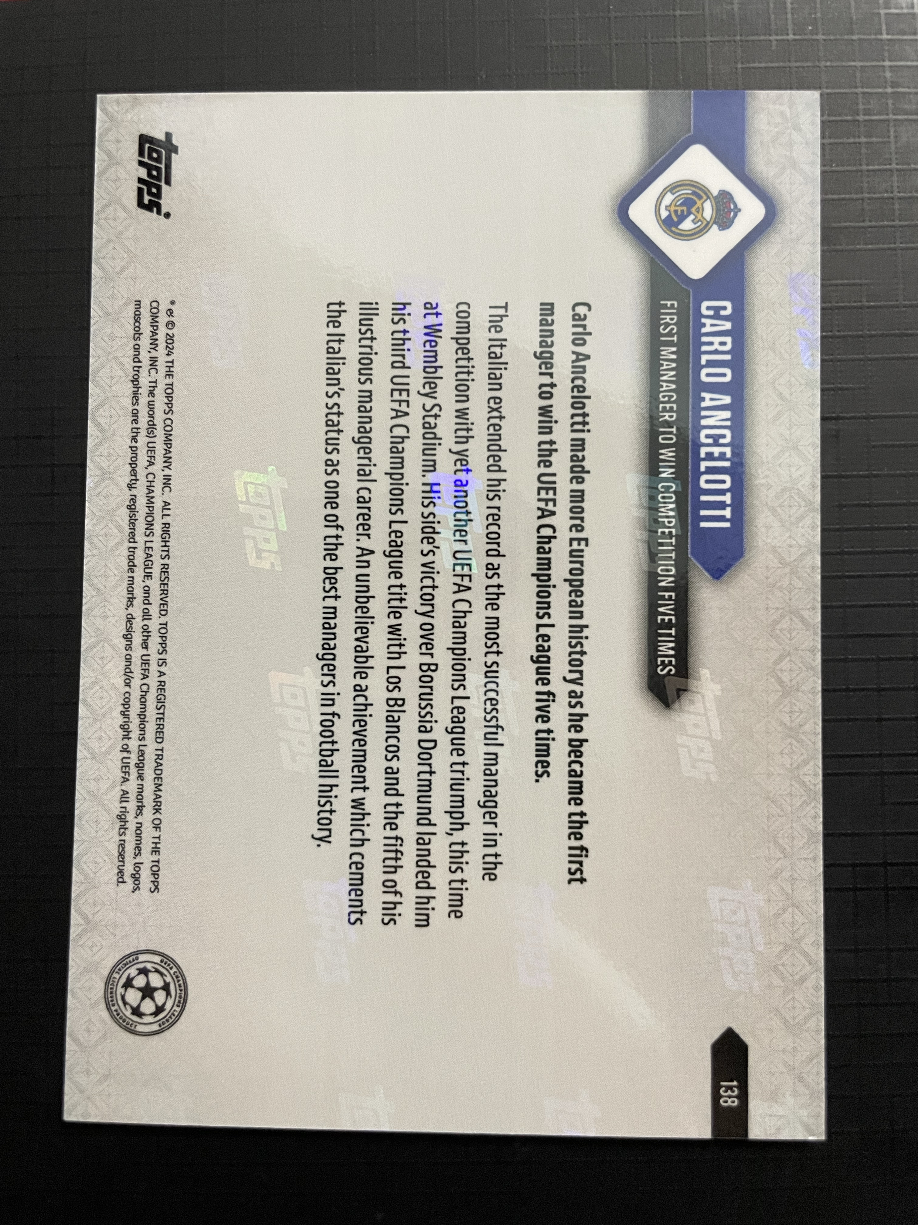 2023-24 Topps now Carlo Ancelotti 【hellfire拍卖】topps now系列 皇马 安切洛蒂 作为教练五夺欧冠冠军 赛后捧杯庆祝时刻