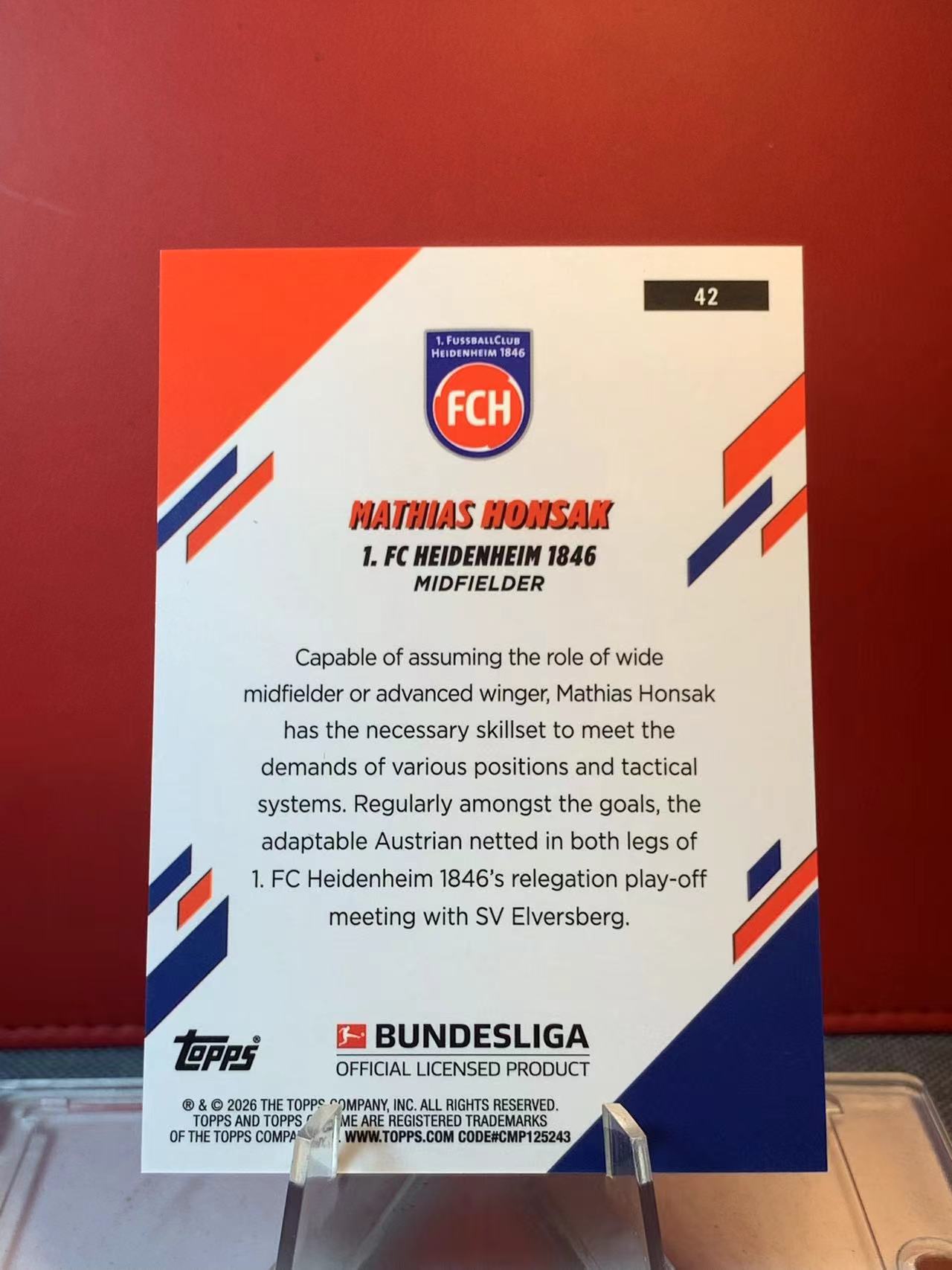 (詹叔代拍)2026 Topps Chrome Bundesliga Mathias Honsak 马蒂亚斯 翁萨克 海登海姆 德甲 紫折 44/75编 顺丰寄付 泰山