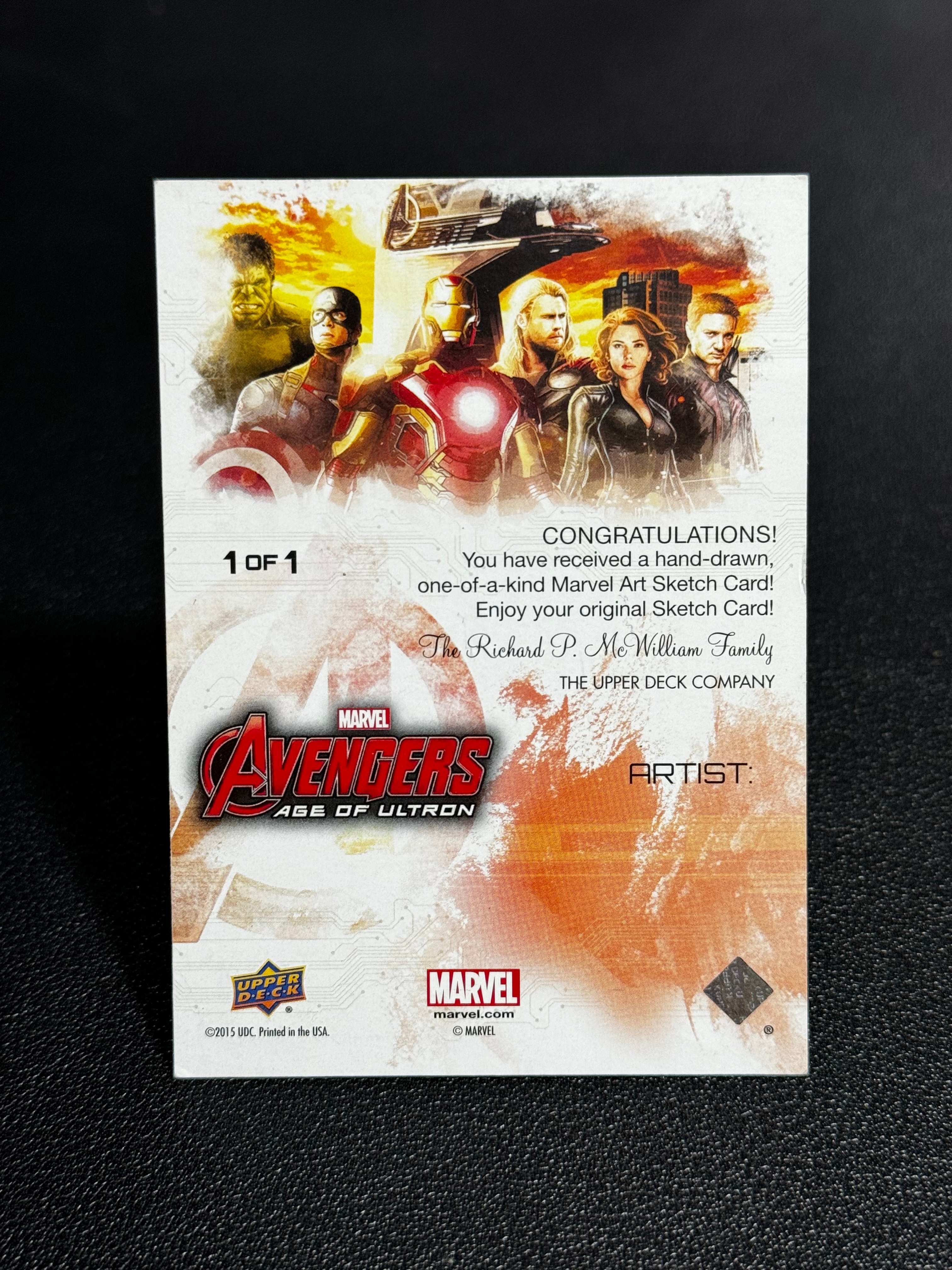 2015 Upper Deck Marvel (MCU) Avengers Age Of Ultron UD 漫威 复联 AP 手绘卡 1/1 1OF1 空白底卡 SKETCH CARD LWLP