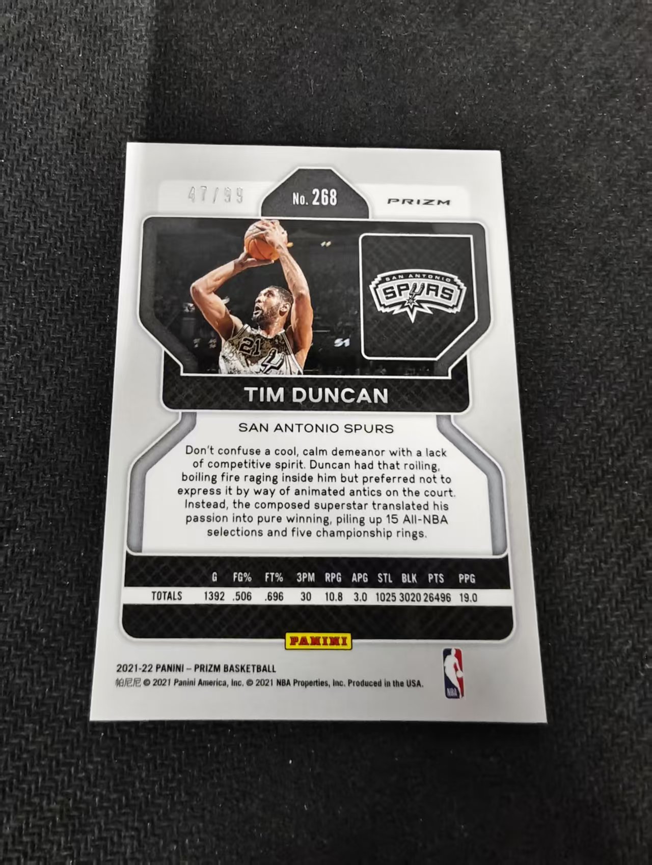 2021-22 Panini Prizm Tim Duncan 马刺 蒂姆邓肯 紫折 99编 划痕 边角瑕疵