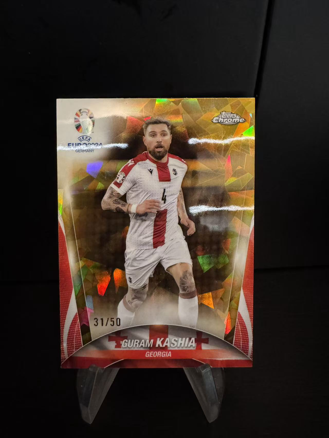 龖2023-24 Topps Chrome Guram Kashia 欧洲杯 蓝宝石 TC 卡什亚 格鲁吉亚 31/50编 金碎冰折 卡品如图 MJ002S