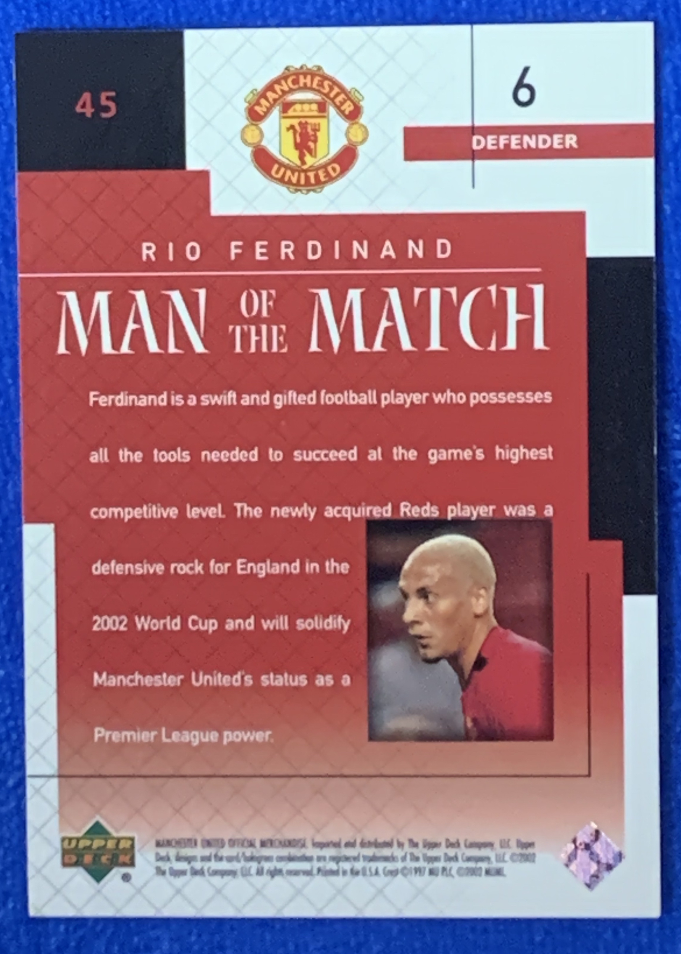 2002 Upper Deck Manchester United Rio Ferdinand 亚德全场最佳特卡 曼联 里奥费迪南德 欧冠英超冠军 英格兰England 经典老卡 不保卡品ebay有价