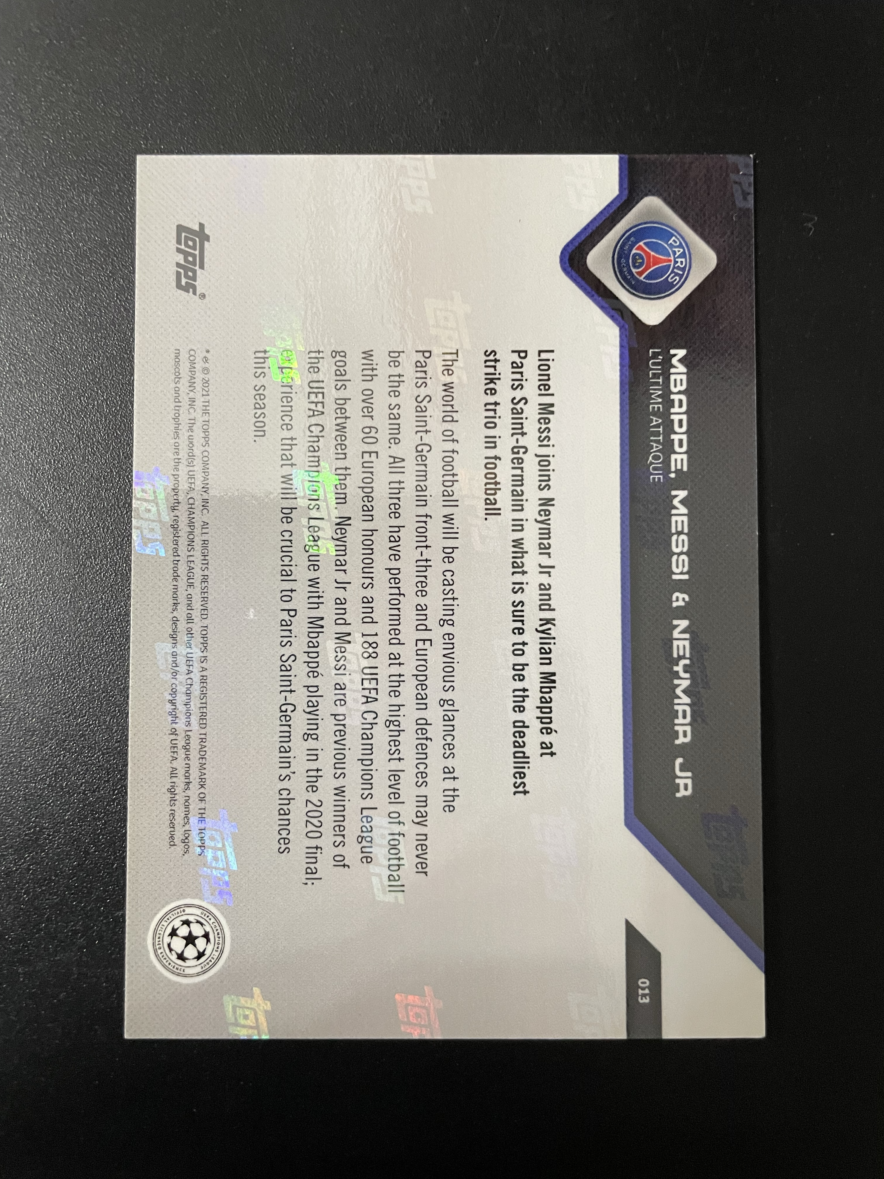 2021 Topps now Lionel Messi 【hellfire拍卖】topps now系列 巴黎 梅西 姆巴佩 内马尔 三超巨合体 瑕疵如图介意勿拍